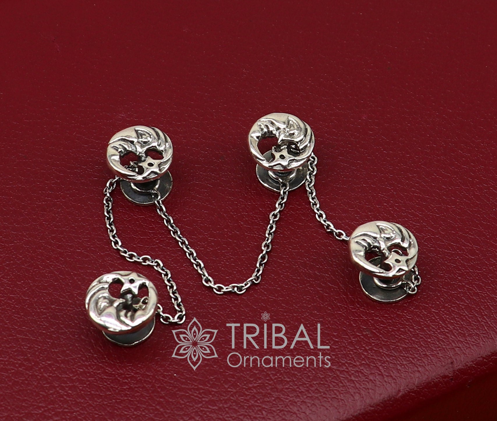 Moon and star design 925 Sterling Silver set of 4 kurta Buttons for Fashion Perfection, silver cufflinks, cultural trendy jewelry btn46 - TRIBAL ORNAMENTS