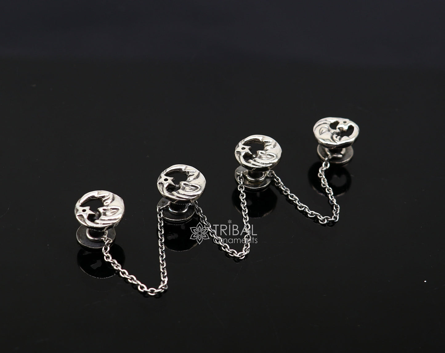 Moon and star design 925 Sterling Silver set of 4 kurta Buttons for Fashion Perfection, silver cufflinks, cultural trendy jewelry btn46 - TRIBAL ORNAMENTS