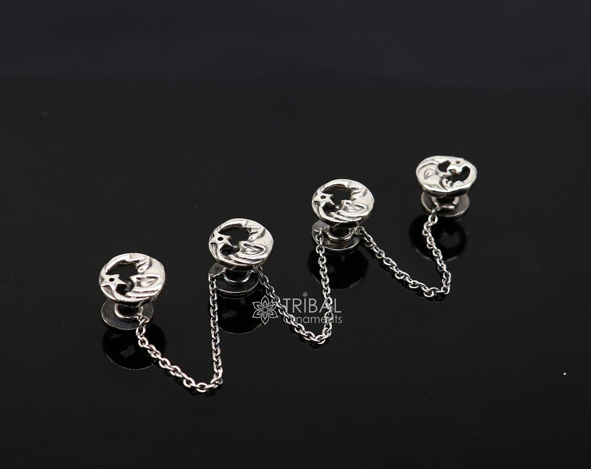 Moon and star design 925 Sterling Silver set of 4 kurta Buttons for Fashion Perfection, silver cufflinks, cultural trendy jewelry btn46 - TRIBAL ORNAMENTS
