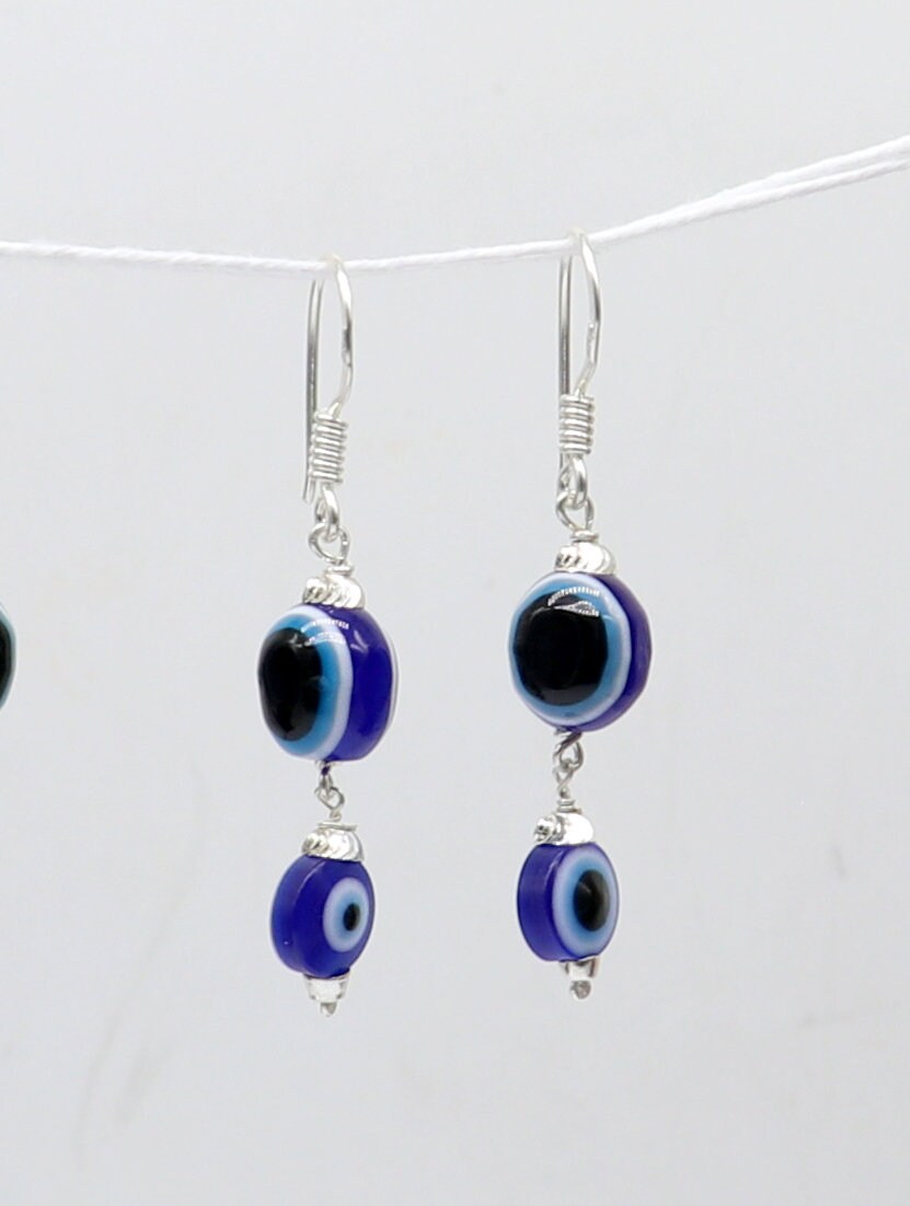 925 Sterling silver evil eye handmade hoops earring amazing customized drop dangle evil eyes jewelry for girl's s1163 - TRIBAL ORNAMENTS