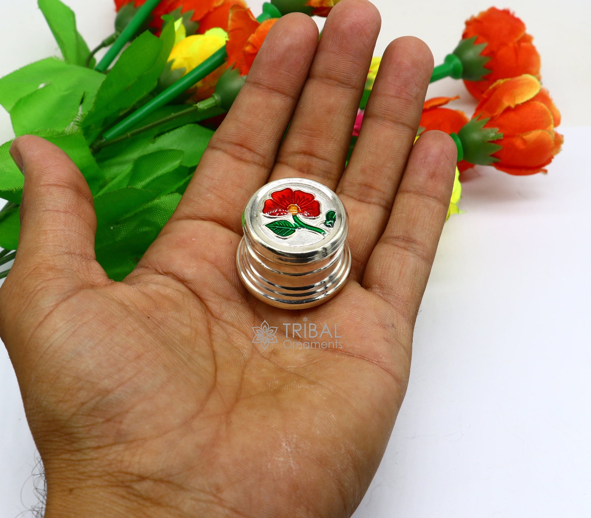 999 pure silver trinket box, kajal box brides round shape box peacock design article, container box, eyeliner Sindur box gifting stb797 - TRIBAL ORNAMENTS