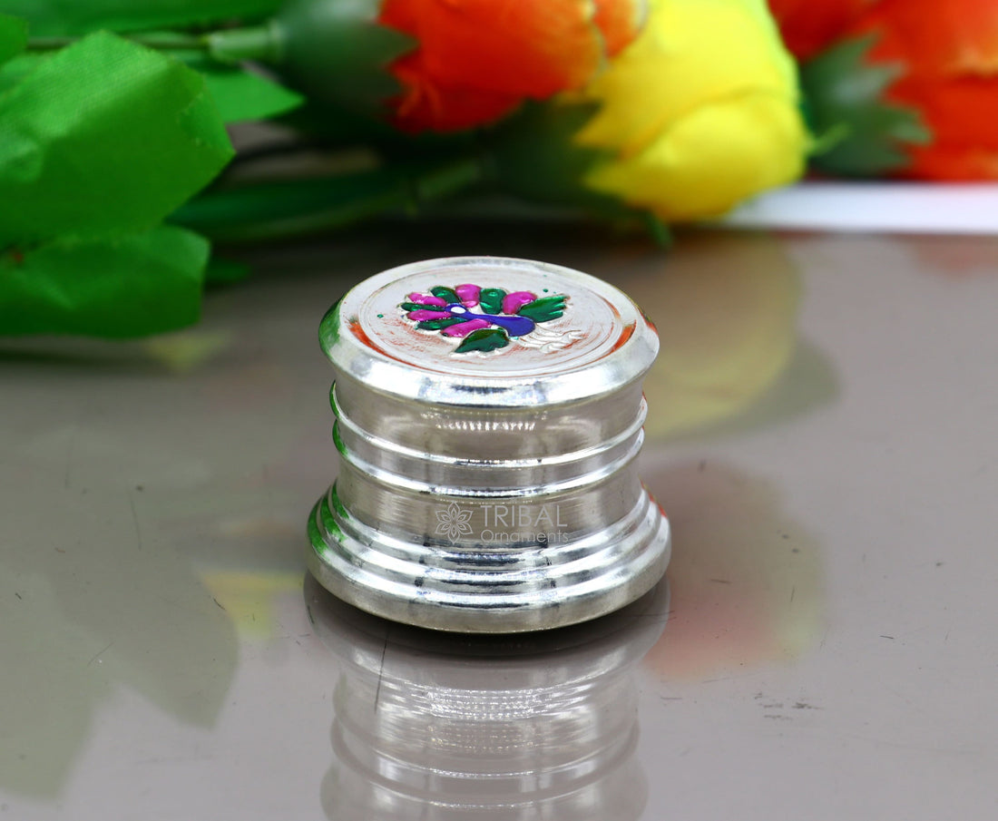 999 pure silver trinket box, kajal box brides round shape box peacock design box , container tobacco box, eyeliner Sindur box gifting stb801 - TRIBAL ORNAMENTS