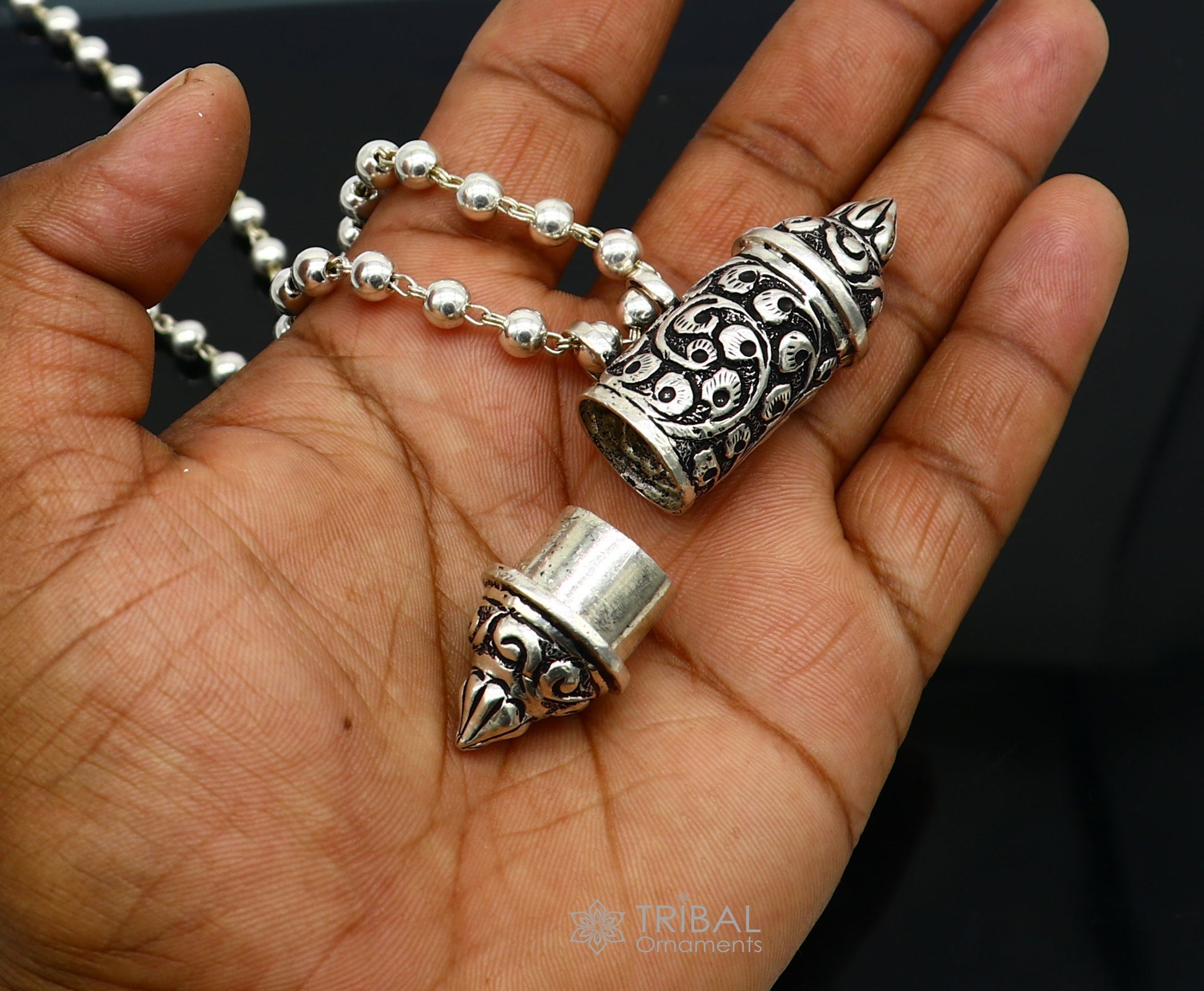 925 Sterling silver handmade Nakshai design pendant amulet mantra box pendant with beaded necklace tribal ethnic cultural jewelry set604 - TRIBAL ORNAMENTS