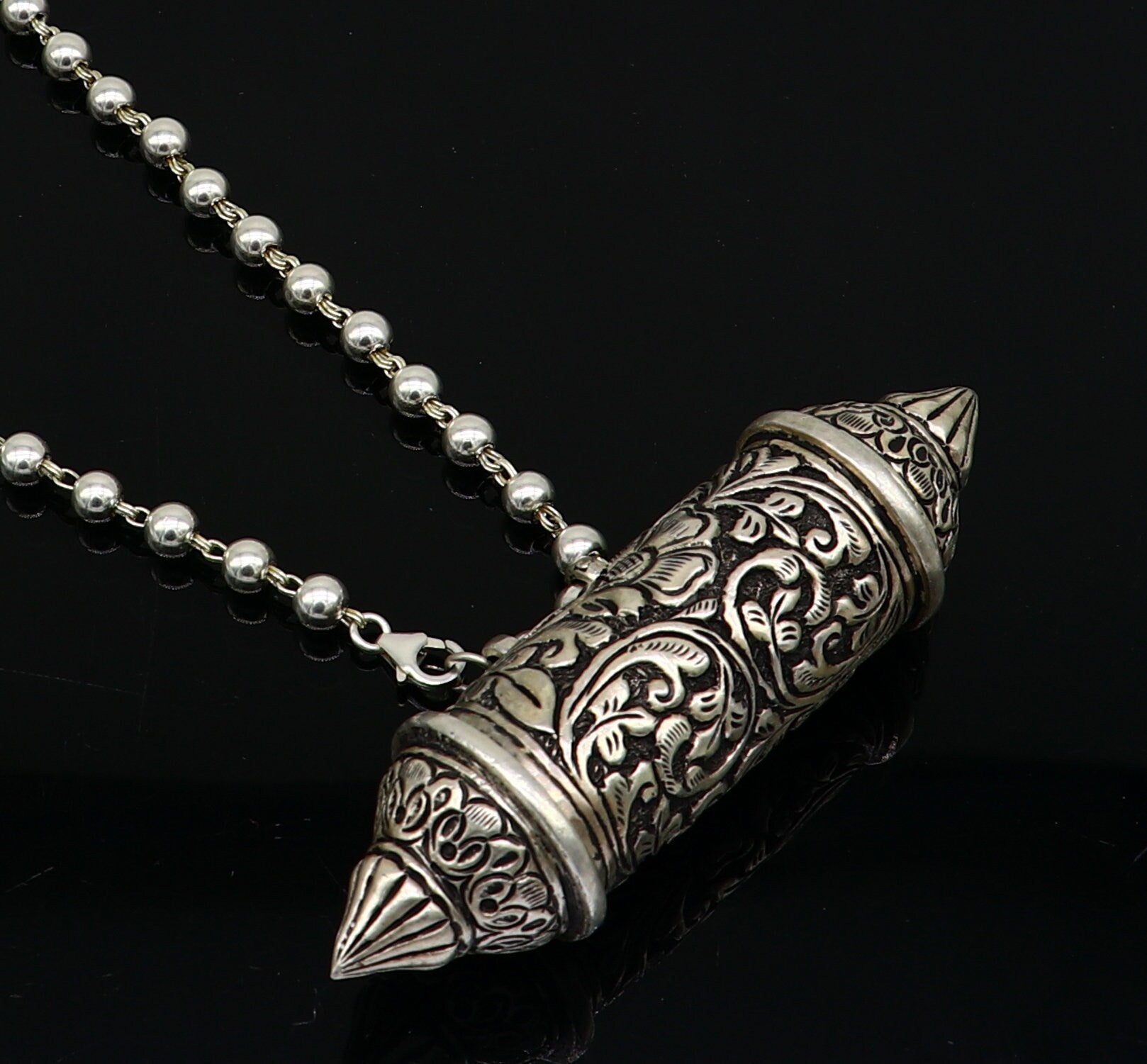 925 Sterling silver handmade Nakshai design pendant amulet mantra box pendant with beaded necklace tribal ethnic cultural jewelry set605 - TRIBAL ORNAMENTS
