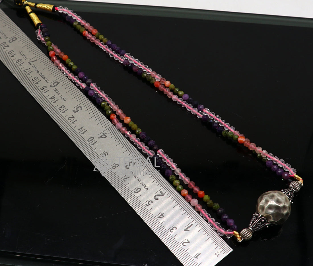 Trendy Indian traditional cultural multicolor stone beaded 925 sterling silver ball pendant necklace, choker tribal ethnic jewelry set613 - TRIBAL ORNAMENTS