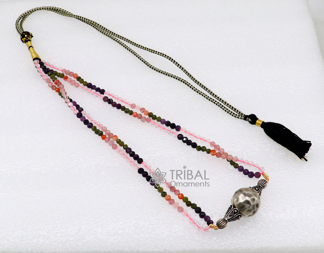 Trendy Indian traditional cultural multicolor stone beaded 925 sterling silver ball pendant necklace, choker tribal ethnic jewelry set613 - TRIBAL ORNAMENTS