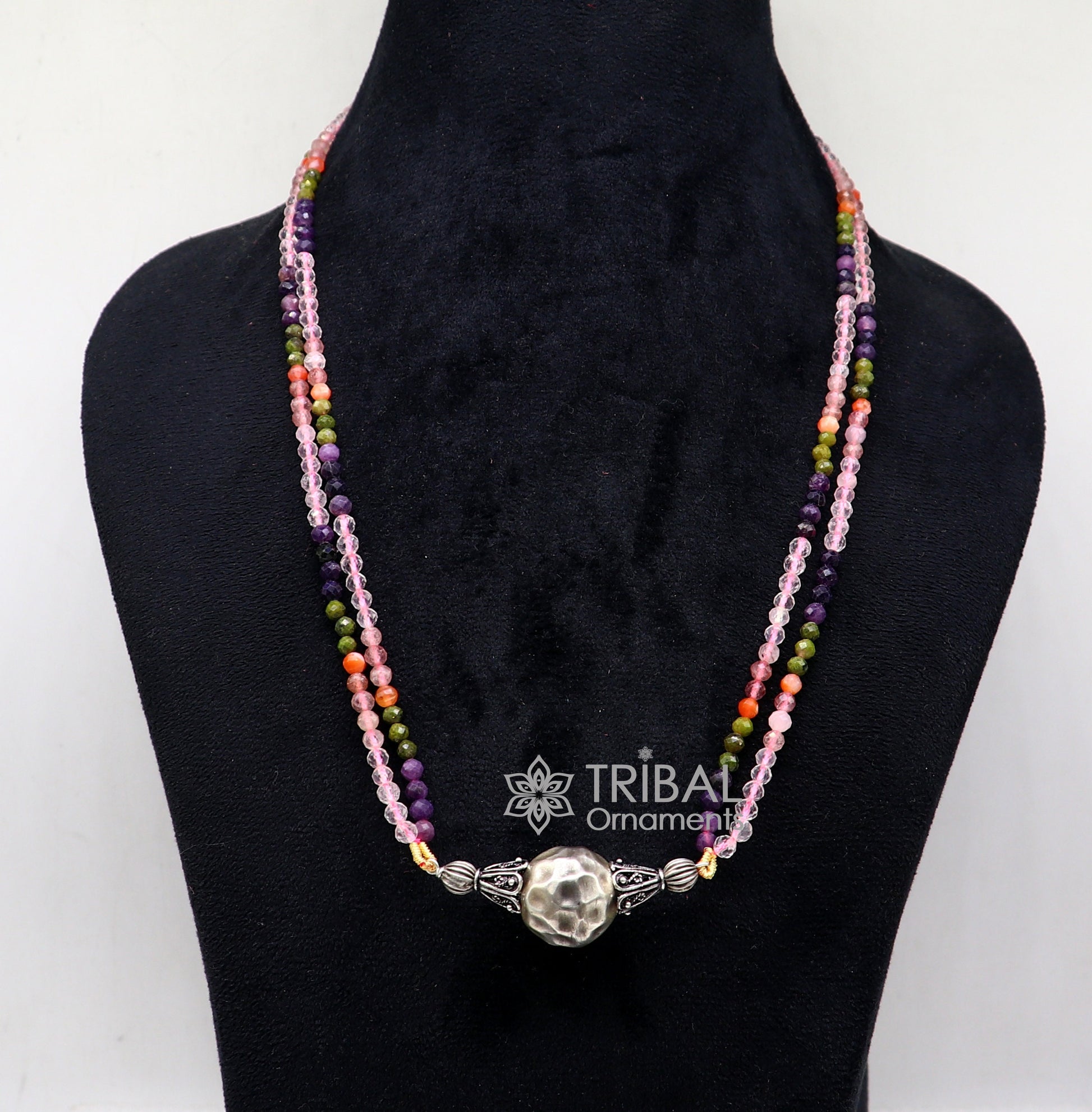 Trendy Indian traditional cultural multicolor stone beaded 925 sterling silver ball pendant necklace, choker tribal ethnic jewelry set613 - TRIBAL ORNAMENTS