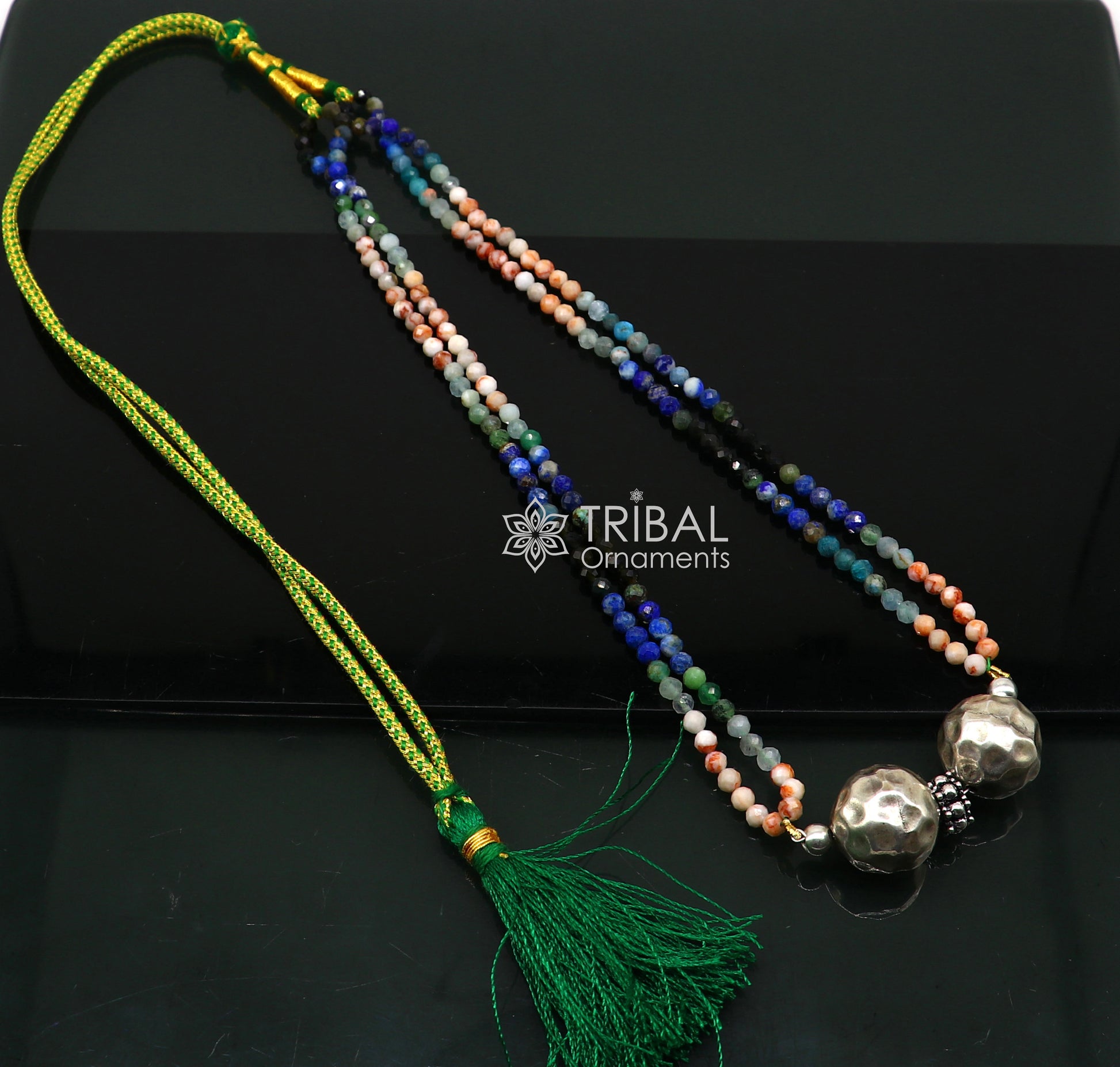 Trendy Indian traditional cultural multicolor stone beaded 925 sterling silver ball pendant necklace, choker tribal ethnic jewelry set614 - TRIBAL ORNAMENTS