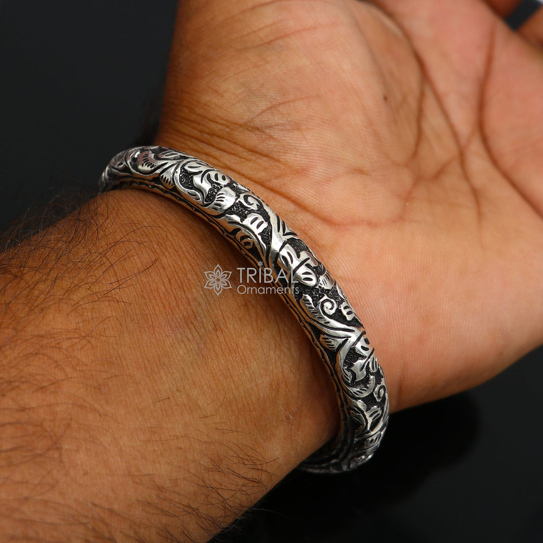 925 Sterling silver handmade chitai work Lord Shiva trident trishul kada bangle bracelet customized unisex kada nsk688 - TRIBAL ORNAMENTS