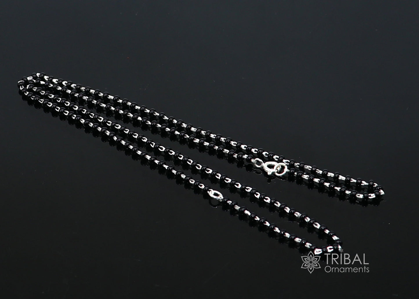 925 sterling silver 2.2mm black beads chain, vintage Cultural fancy necklace, traditional style brides Mangalsutra chain India ch554 - TRIBAL ORNAMENTS