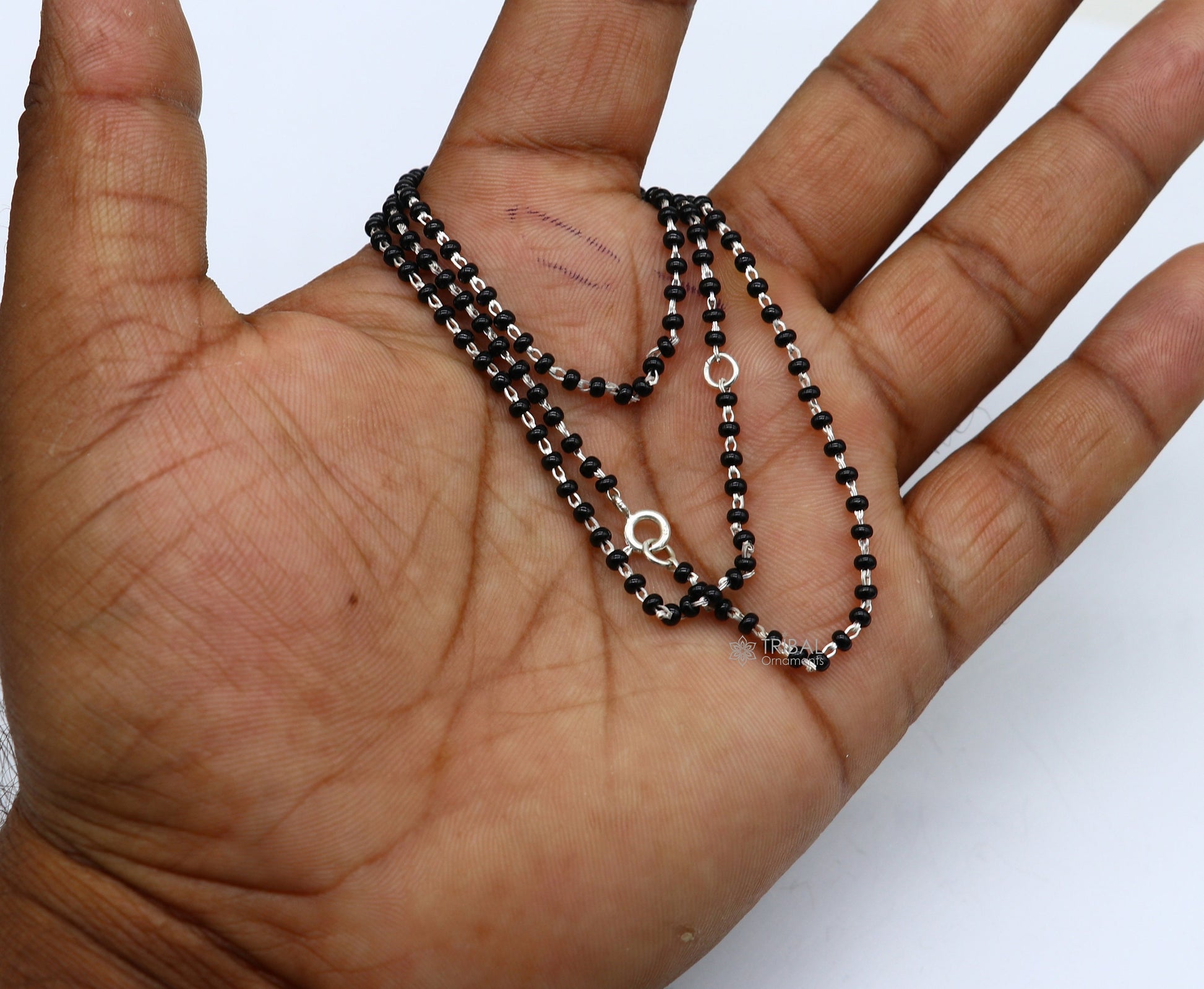 925 sterling silver 2.2mm black beads chain, vintage Cultural fancy necklace, traditional style brides Mangalsutra chain India ch554 - TRIBAL ORNAMENTS