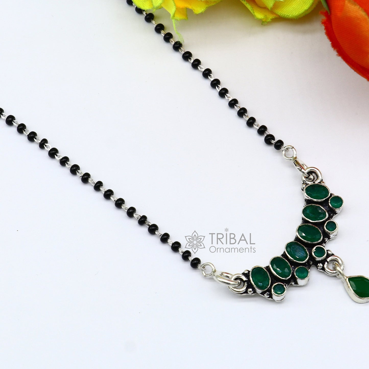 925 sterling silver black beads chain mangal sutra necklace for daily use brides Mangalsutra chunky necklace green stone pendant ms52 - TRIBAL ORNAMENTS
