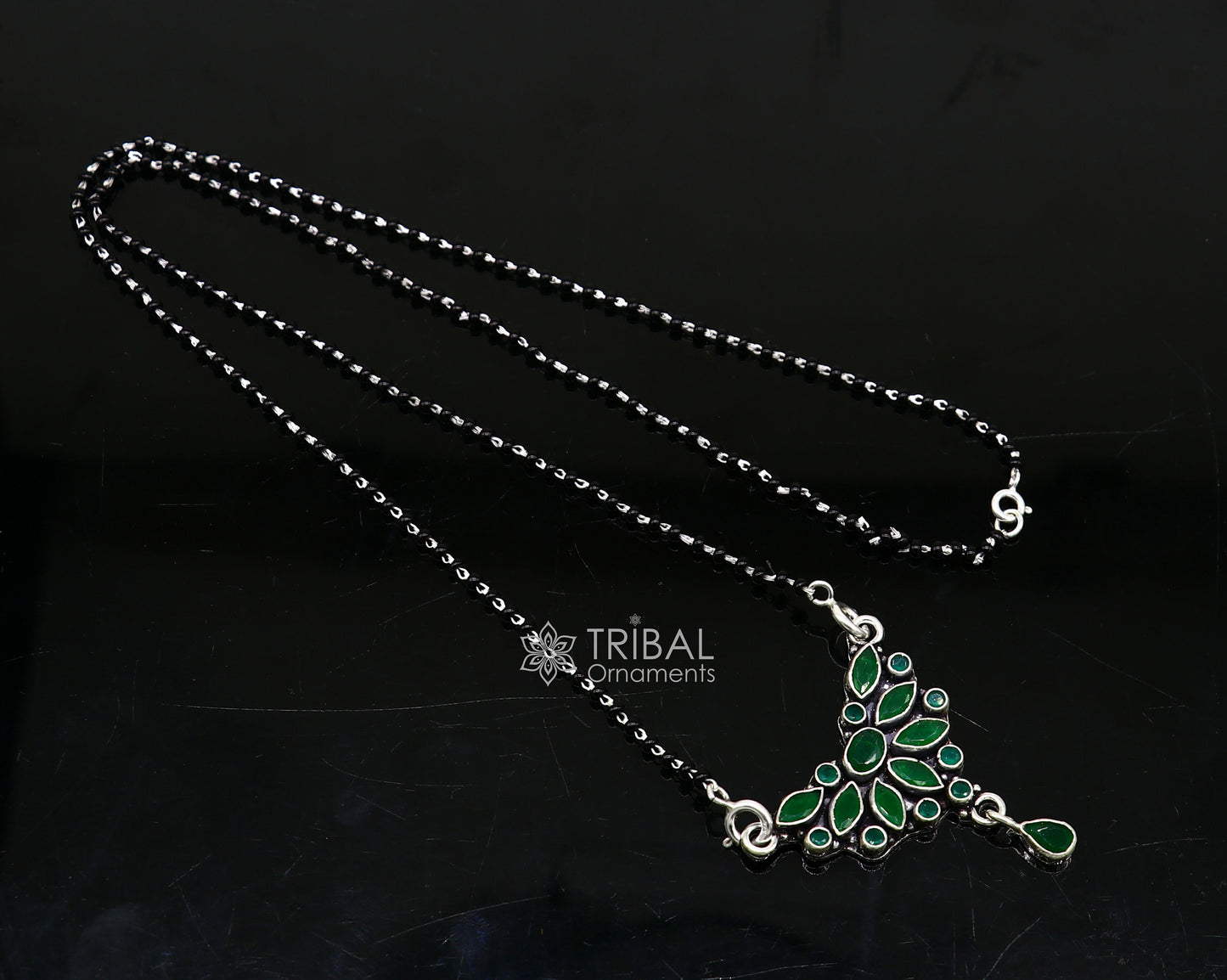 925 sterling silver black beads chain mangal sutra necklace for daily use brides Mangalsutra chunky necklace green stone pendant ms54 - TRIBAL ORNAMENTS