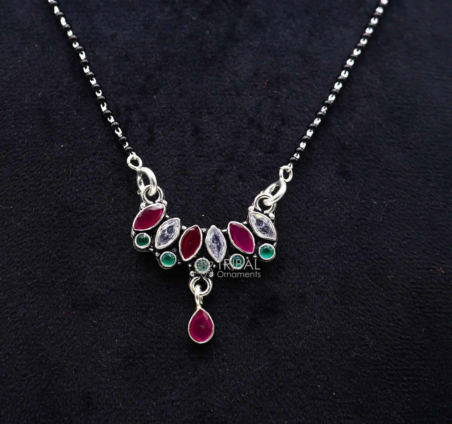 925 sterling silver black beads chain mangal sutra necklace for daily use brides Mangalsutra chunky necklace green red pendant ms55 - TRIBAL ORNAMENTS