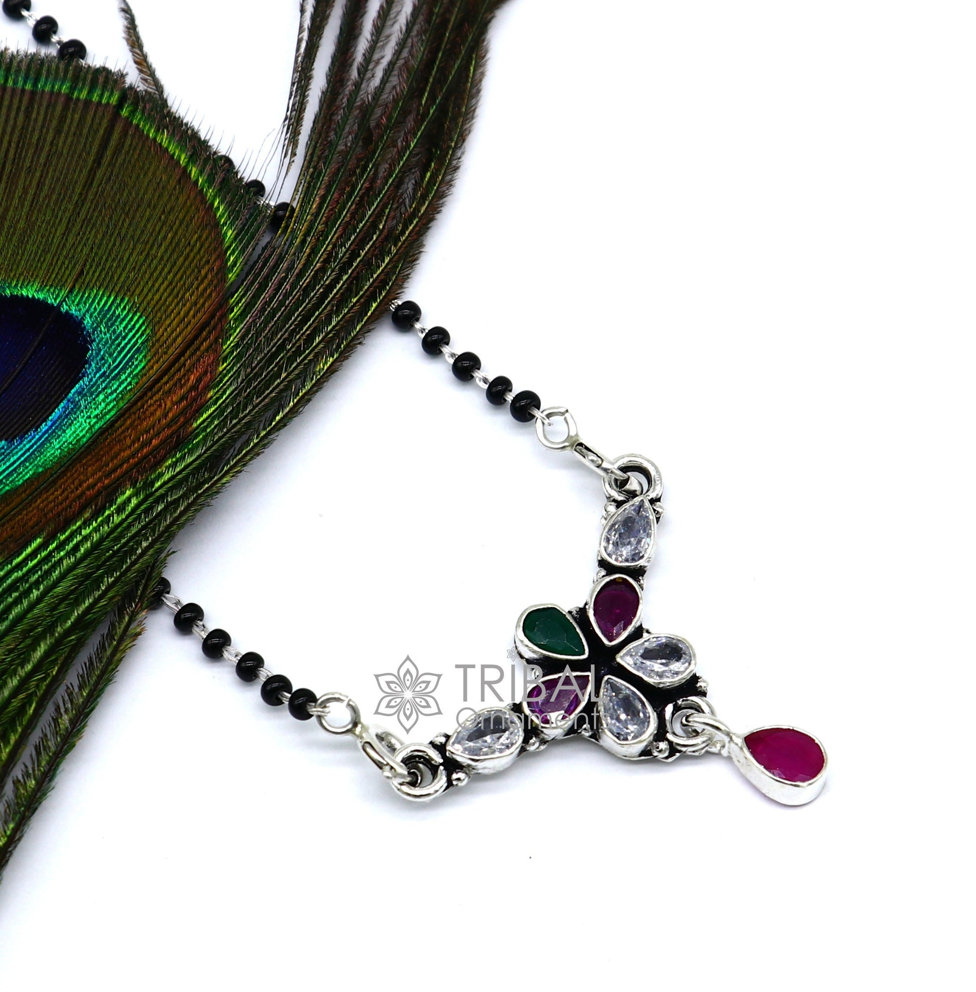 925 sterling silver black beads chain mangal sutra necklace for daily use brides Mangalsutra chunky necklace green red pendant ms57 - TRIBAL ORNAMENTS