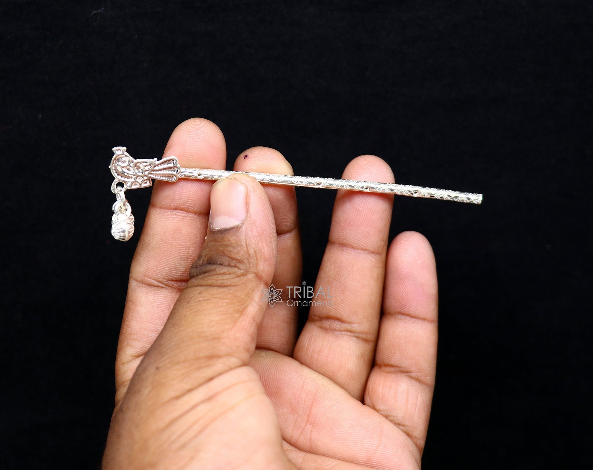 4" Flute divine 925 sterling silver handmade peacock design idol Krishna flute, silver bansuri, laddu Gopala flute, Krishna flute su1125 - TRIBAL ORNAMENTS