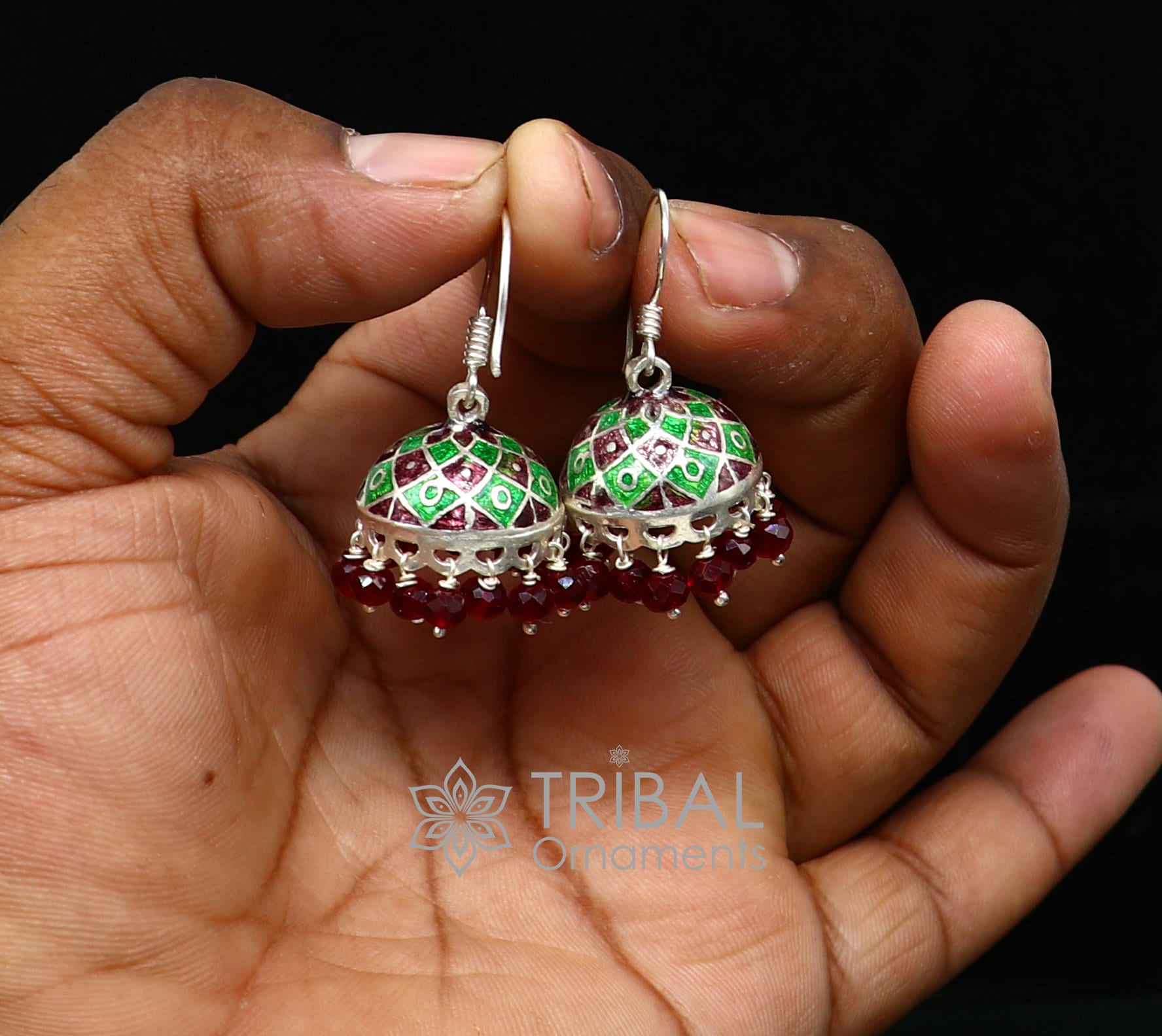 925 sterling silver handmade Stylish colorful hoops earring chandelier, enamel work jhumka with hanging drops best brides collection s1172 - TRIBAL ORNAMENTS