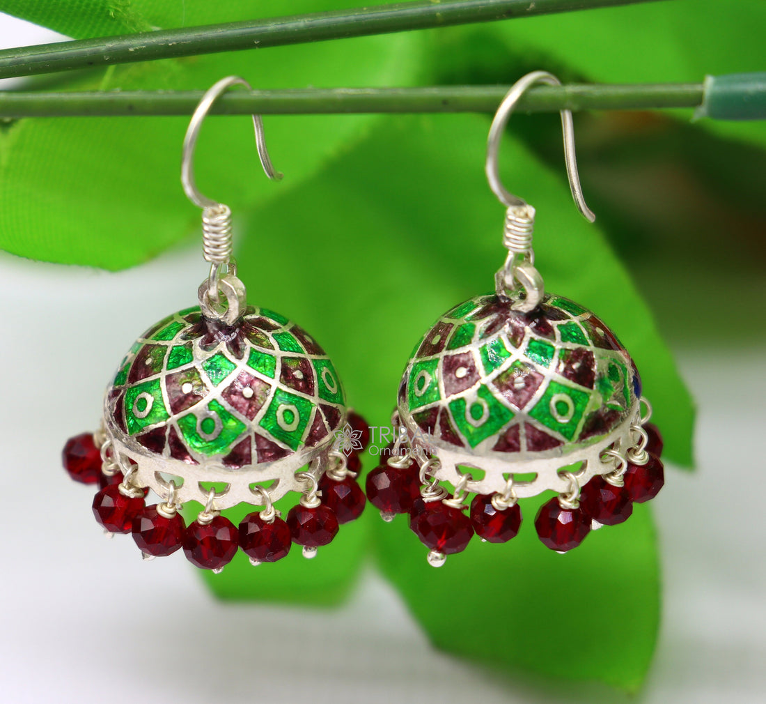 925 sterling silver handmade Stylish colorful hoops earring chandelier, enamel work jhumka with hanging drops best brides collection s1172 - TRIBAL ORNAMENTS