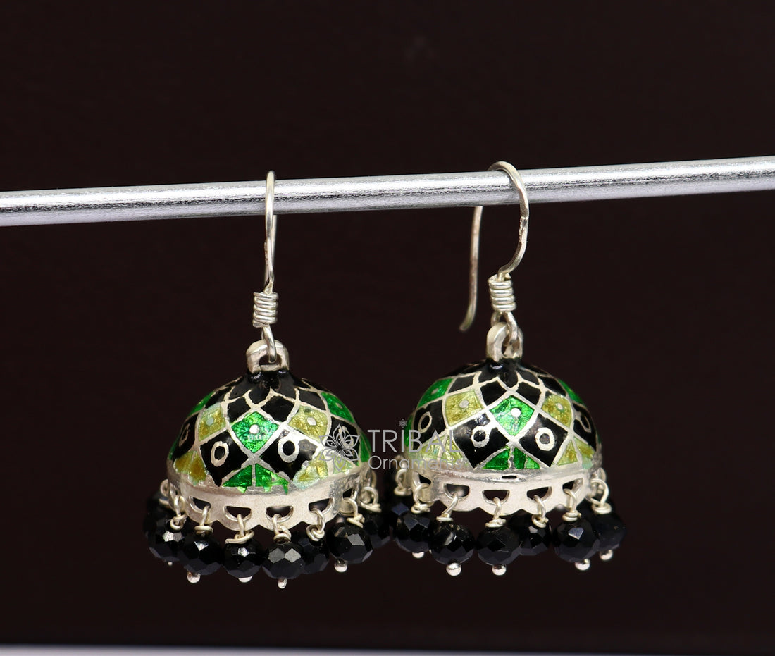 925 sterling silver handmade Stylish colorful hoops earring chandelier, enamel work jhumka with hanging drops best brides collection s1173 - TRIBAL ORNAMENTS