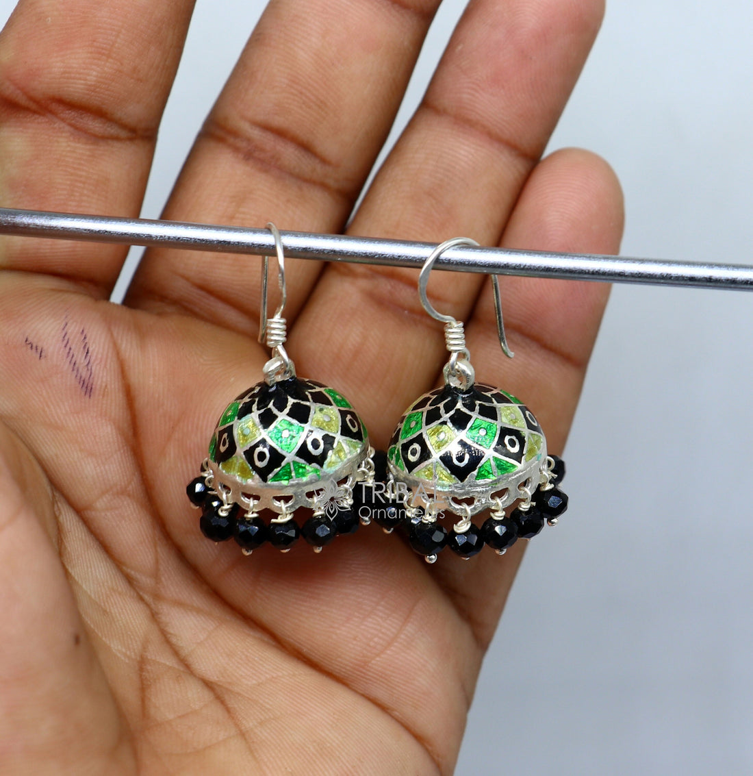 925 sterling silver handmade Stylish colorful hoops earring chandelier, enamel work jhumka with hanging drops best brides collection s1173 - TRIBAL ORNAMENTS