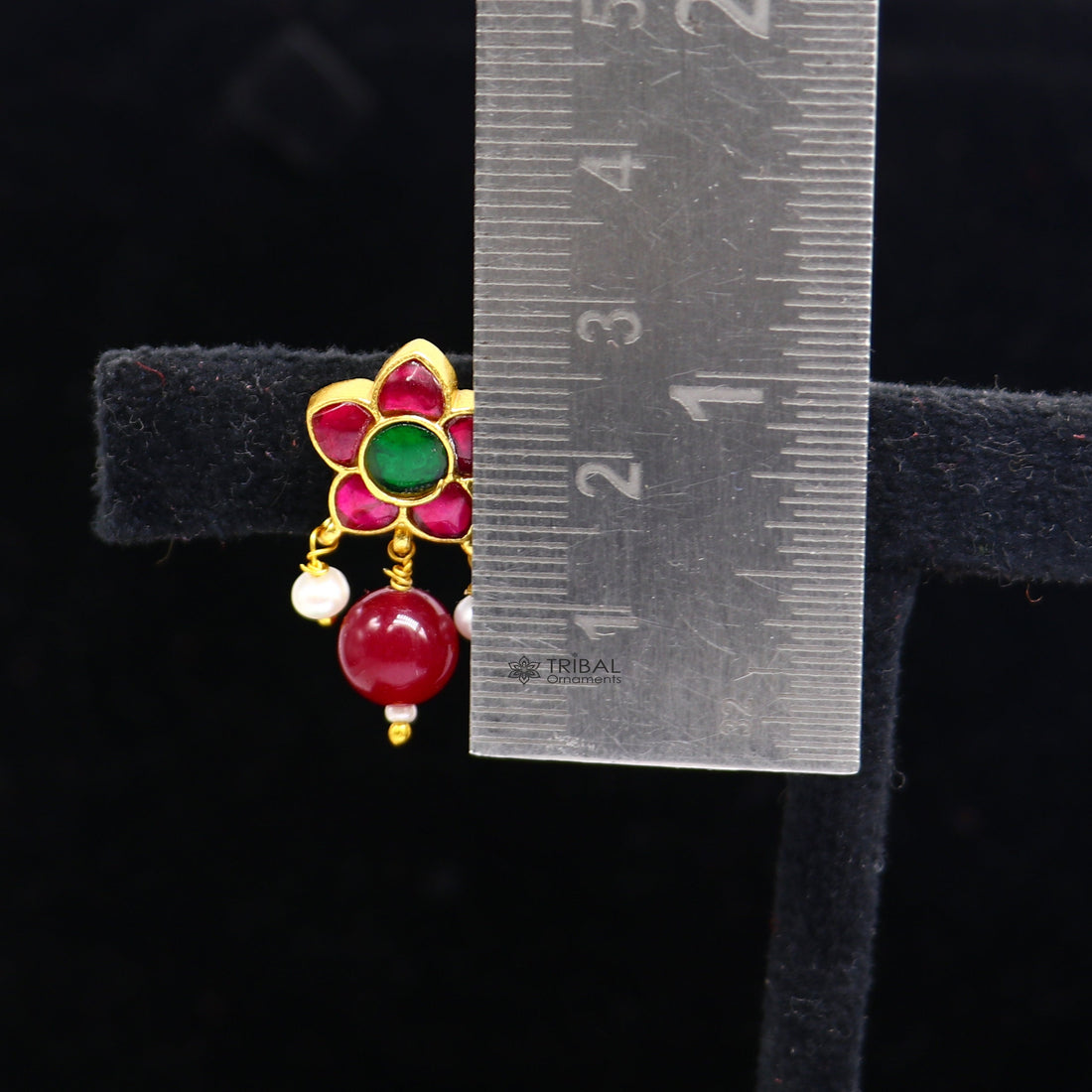 925 sterling silver gold polished handmade kundan work Chunky green and red stone fabulous flower shape stud earrings trendy jewelry s1174 - TRIBAL ORNAMENTS