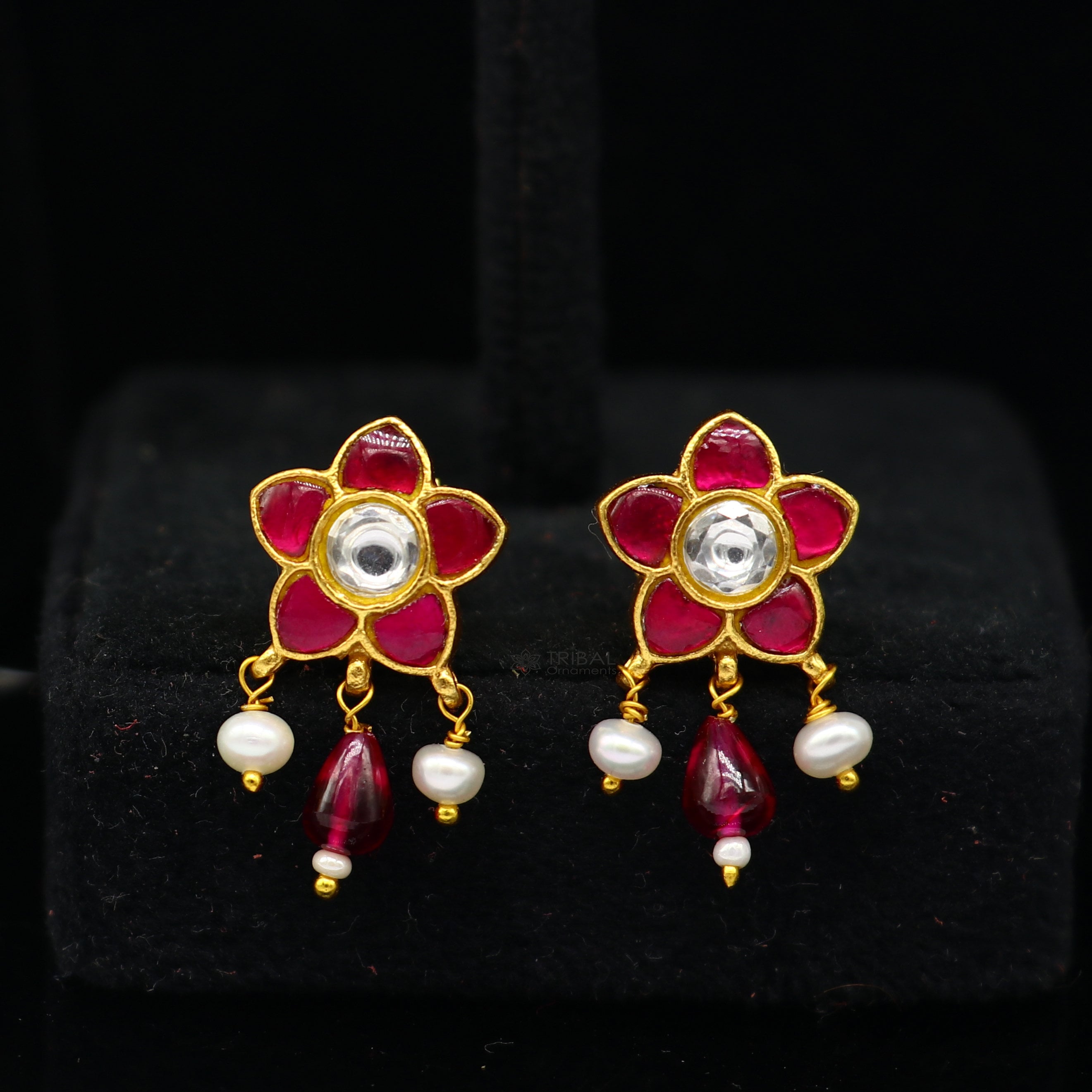 22k Polki Diamond & Pearl Floral Meenakari Stud Earrings – House of Devam