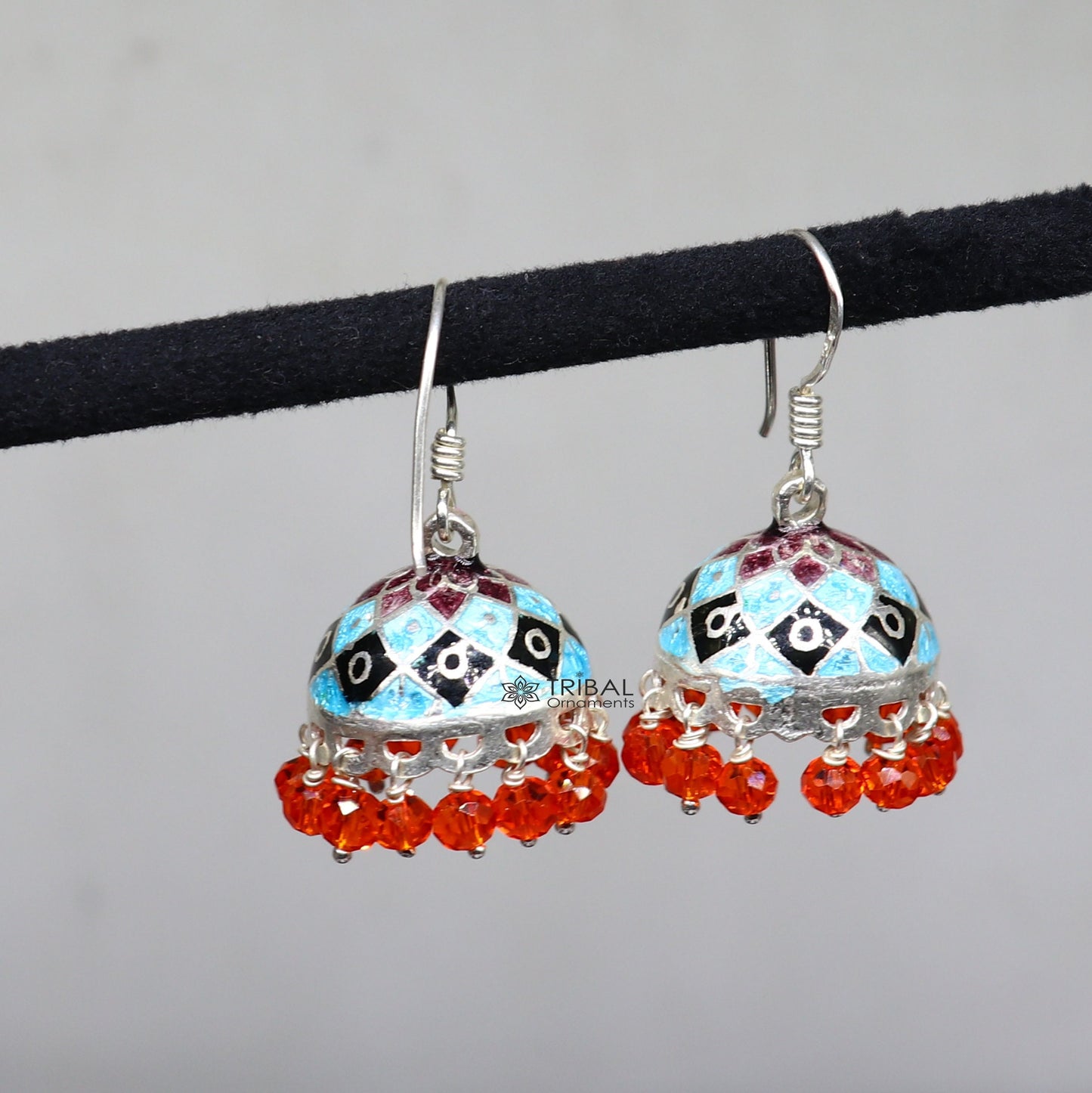 Traditional cultural 925 sterling silver Stylish colorful hoops earring chandelier, enamel work jhumka hanging drops brides earrings  s1185 - TRIBAL ORNAMENTS