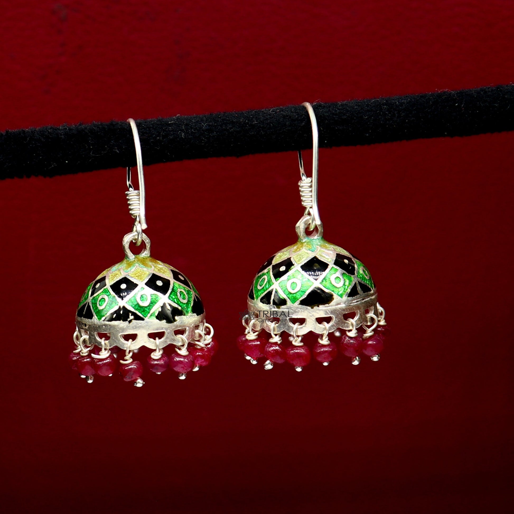 Trendy stylish  925 sterling silver Stylish colorful hoops earring chandelier, enamel work jhumka hanging drops brides earrings  s1188 - TRIBAL ORNAMENTS