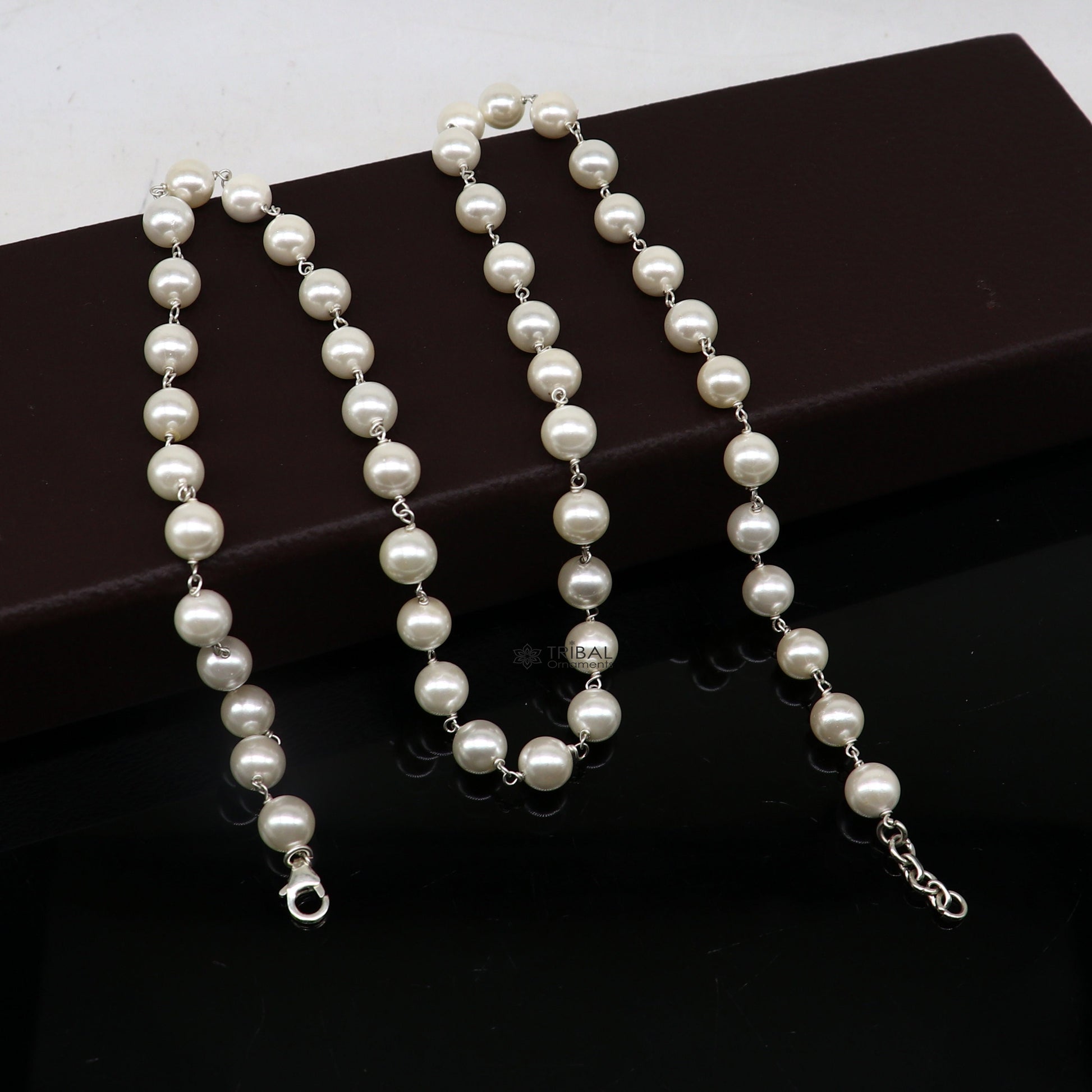 8mm mother of pearls custom made 925 sterling silver long beaded necklace, gorgeous girl's women's daily use best gifting beaded chain ch556 - TRIBAL ORNAMENTS