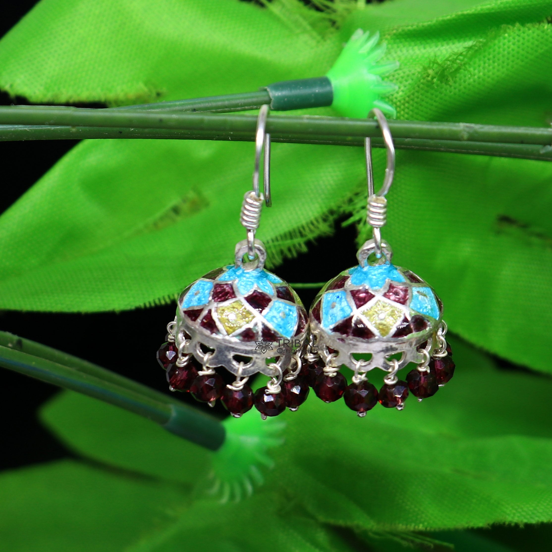 Traditional Unique handmade enamel work 925 sterling silver Stylish  colorful hoops earring chandelier jhumka hanging drops earrings s1195