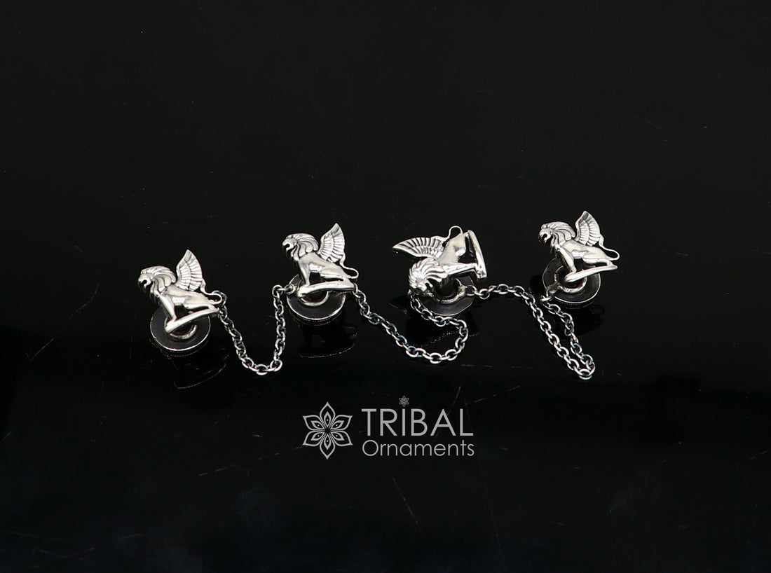 925 Sterling Silver winged lion design set of 4 kurta Buttons for Fashion Perfection, silver cufflinks, cultural trendy jewelry btn34 - TRIBAL ORNAMENTS