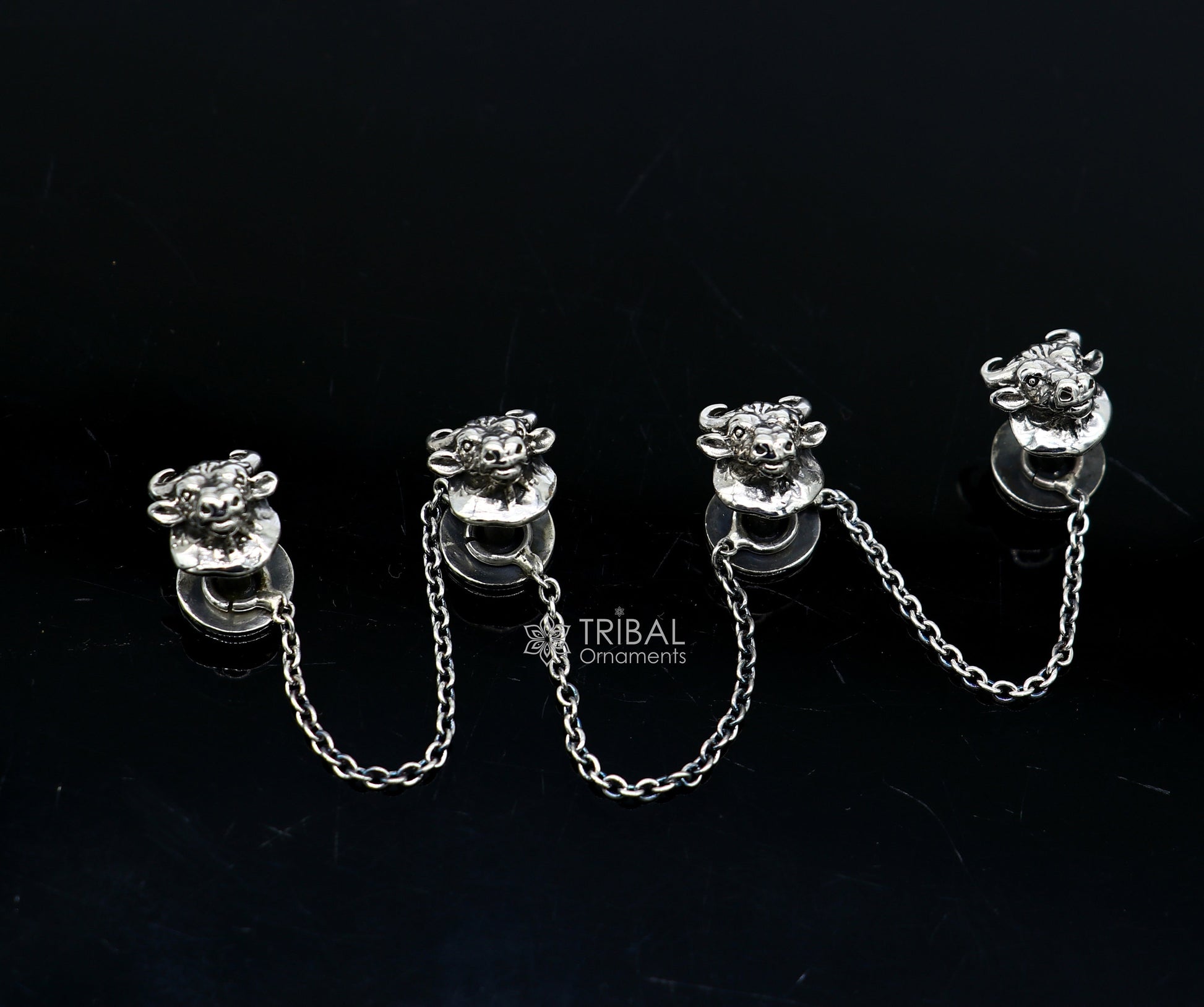 Bull head design 925 Sterling Silver set of 4 kurta Buttons for Fashion Perfection, silver cufflinks, cultural trendy jewelry btn38 - TRIBAL ORNAMENTS