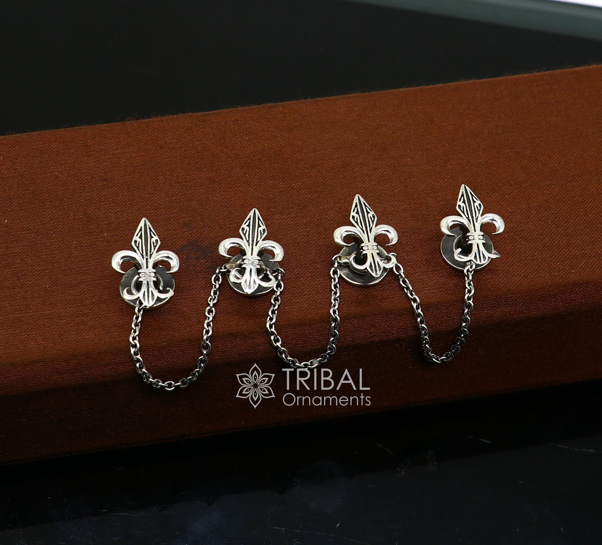 French Fleur de Lis design 925 Sterling Silver set of 4 kurta Buttons for Fashion Perfection silver cufflinks, cultural trendy jewelry btn39 - TRIBAL ORNAMENTS