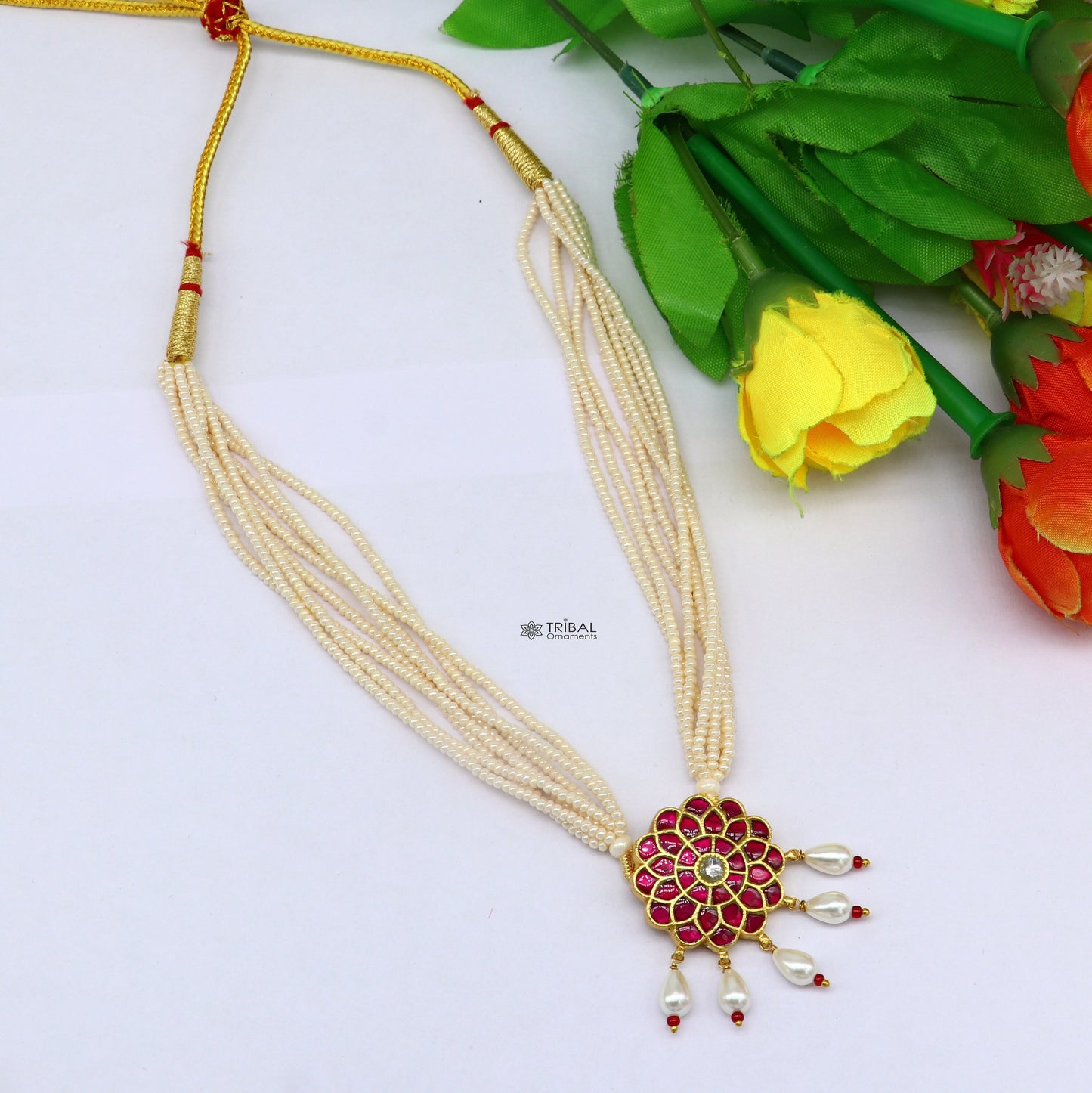 92.5 sterling silver Fabulous charming kundan work red stone flower pendant trendy necklace with multiline pearls strings jewellery set617 - TRIBAL ORNAMENTS