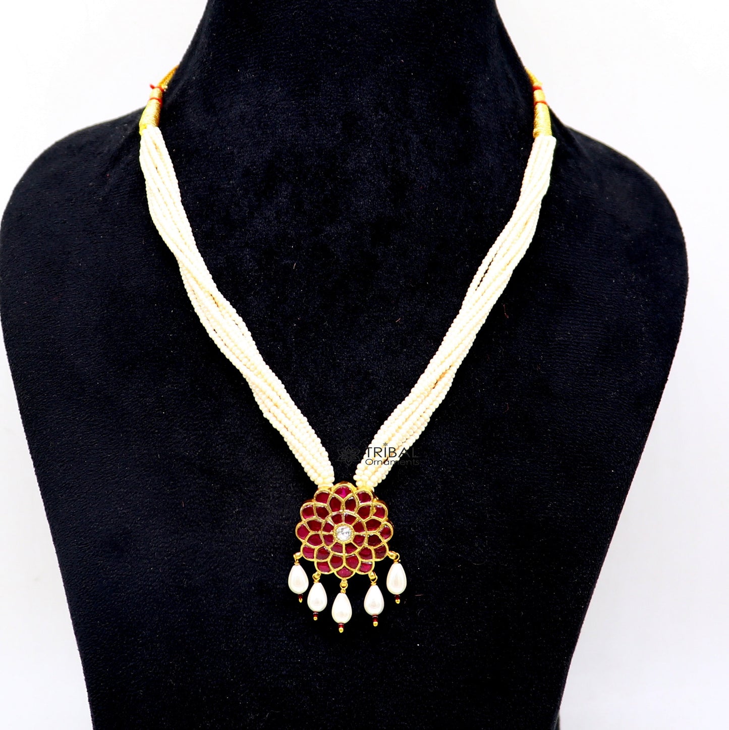 92.5 sterling silver Fabulous charming kundan work red stone flower pendant trendy necklace with multiline pearls strings jewellery set617 - TRIBAL ORNAMENTS