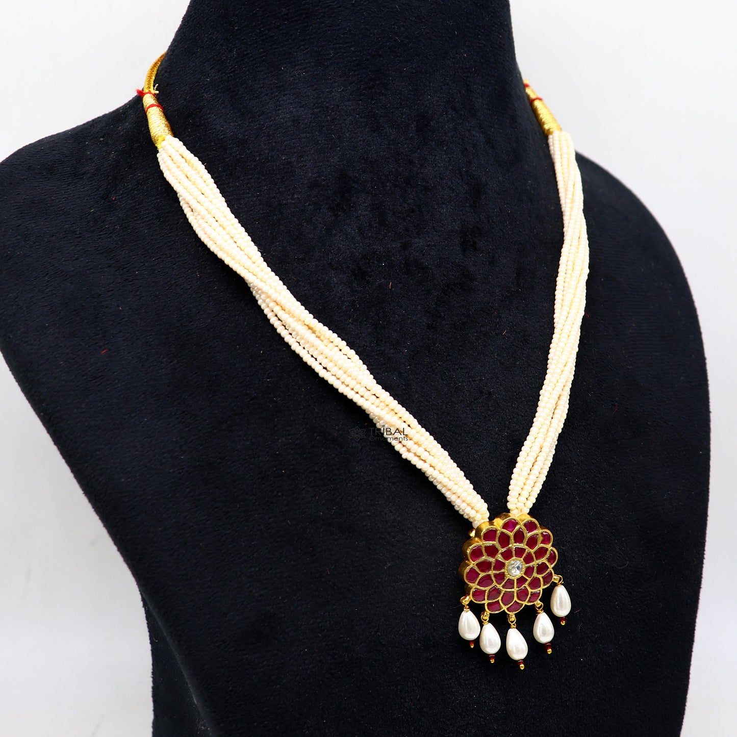 92.5 sterling silver Fabulous charming kundan work red stone flower pendant trendy necklace with multiline pearls strings jewellery set617 - TRIBAL ORNAMENTS
