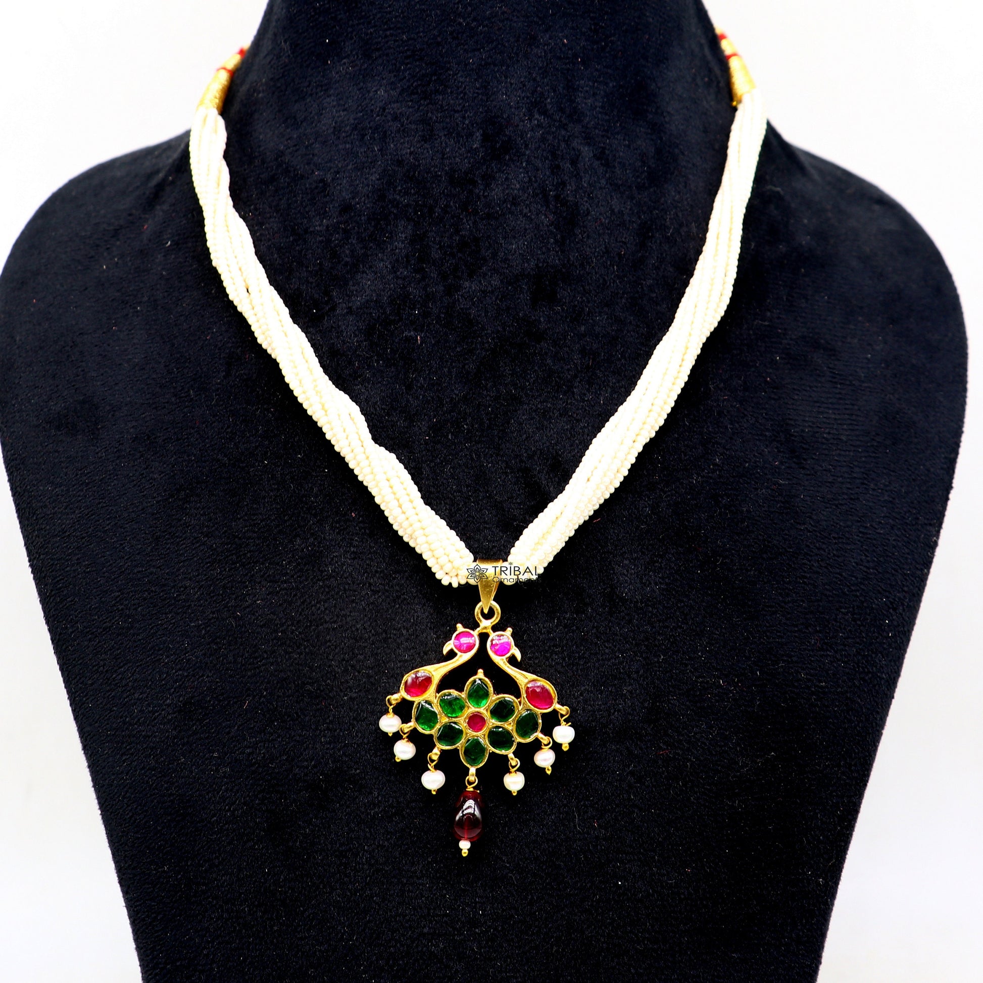 92.5 sterling silver India traditional cultural kundan work pendant trendy multiline pearls strings necklace peacock design jewelry set619 - TRIBAL ORNAMENTS