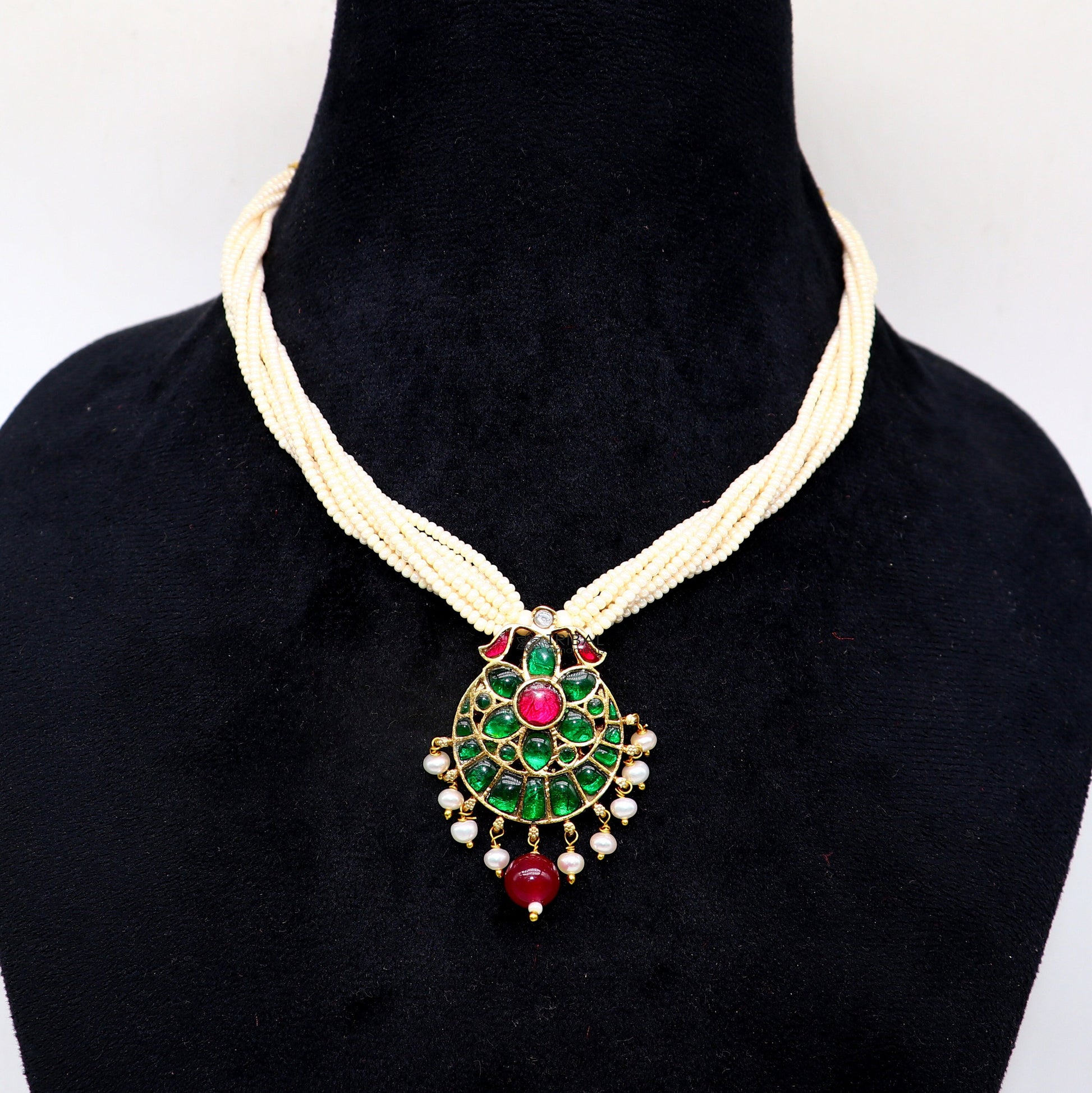 92.5 sterling silver India traditional cultural kundan work pendant trendy multiline pearls strings necklace peacock design jewelry set621 - TRIBAL ORNAMENTS