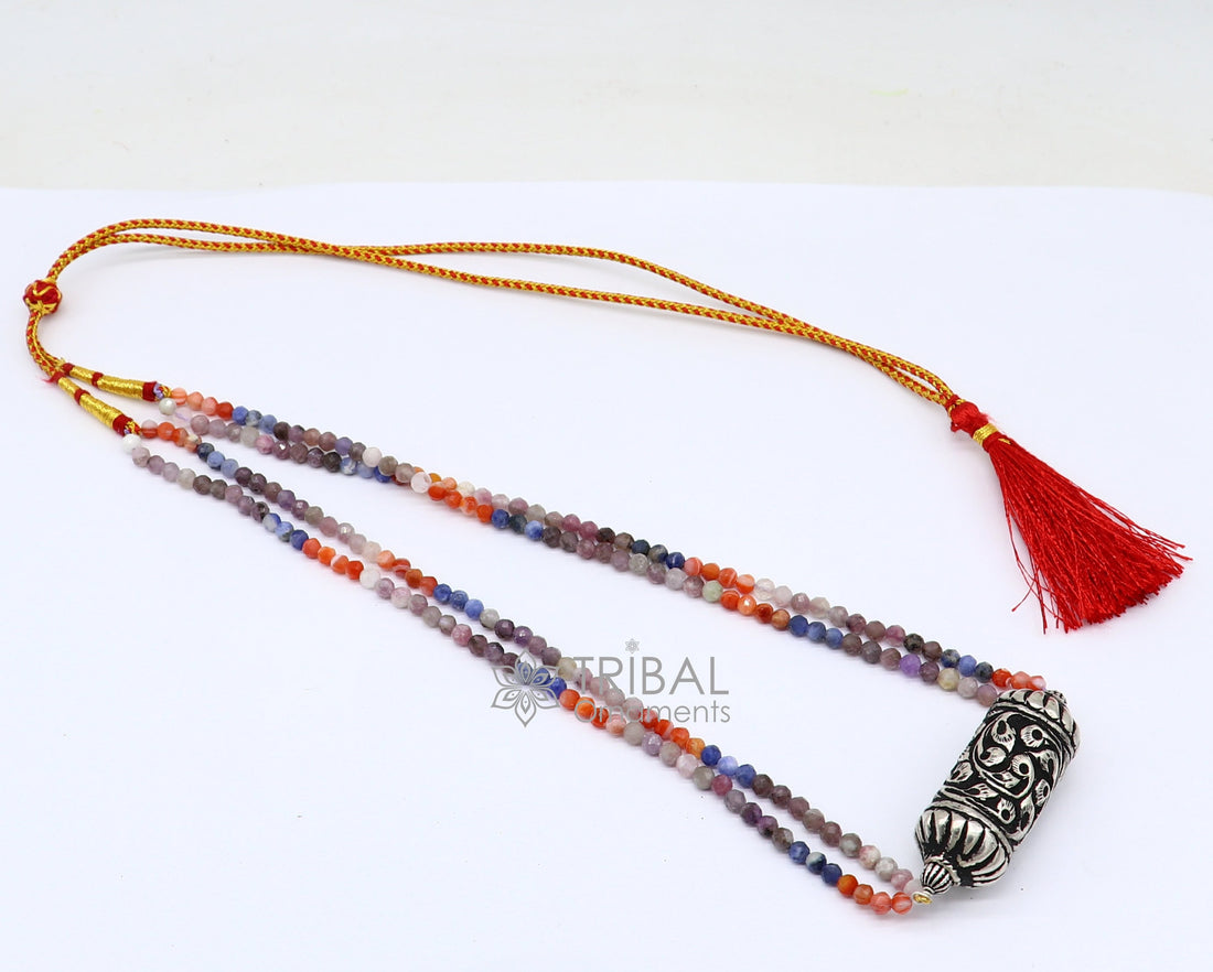 Indian traditional cultural style trendy natural stone beaded 925 sterling silver chitai nakshi work necklace, choker tribal jewelry set607 - TRIBAL ORNAMENTS