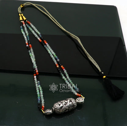 Indian tribal beaded necklace and choker set with sterling silver and Nakshi work, featuring natural stones and traditional detailed designs.