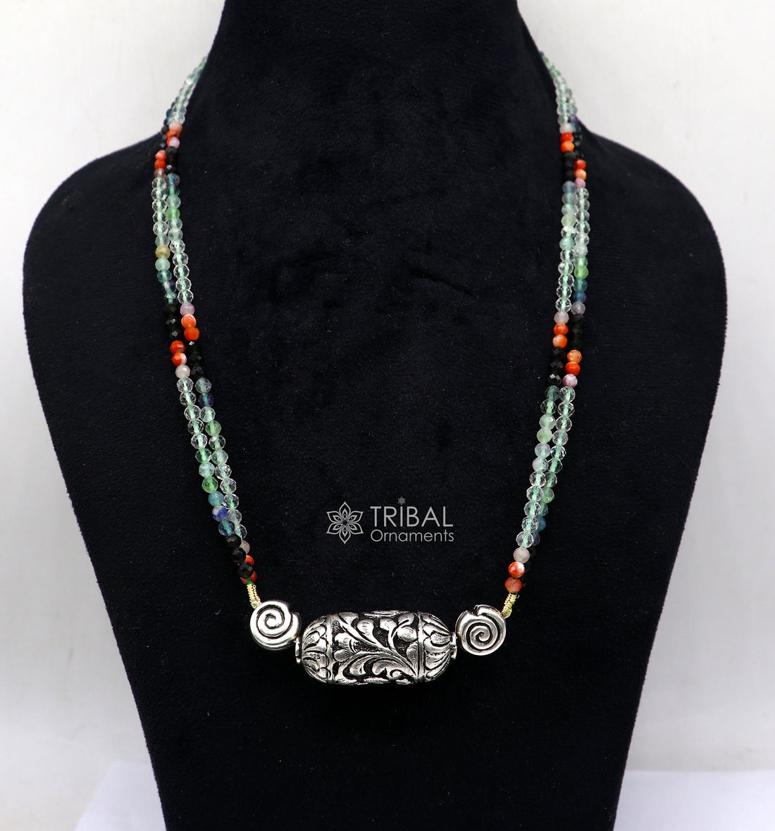 Indian traditional cultural style trendy natural stone beaded 925 sterling silver chitai nakshi work necklace, choker tribal jewelry set608 - TRIBAL ORNAMENTS