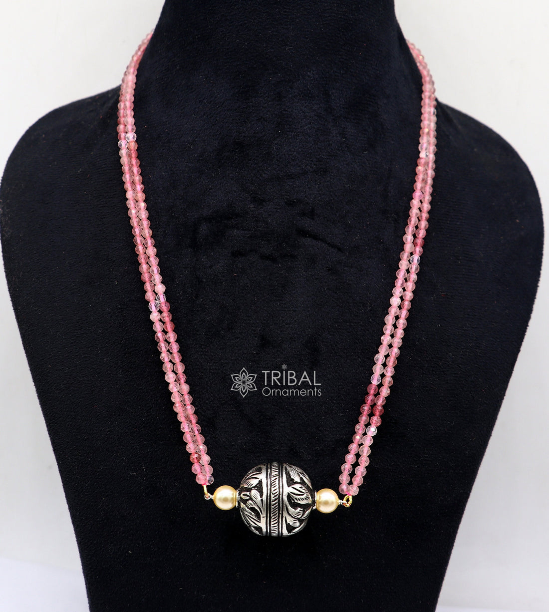 Indian traditional cultural trendy natural stone beaded 925 sterling silver balll pendant necklace, choker tribal ethnic jewelry set609 - TRIBAL ORNAMENTS