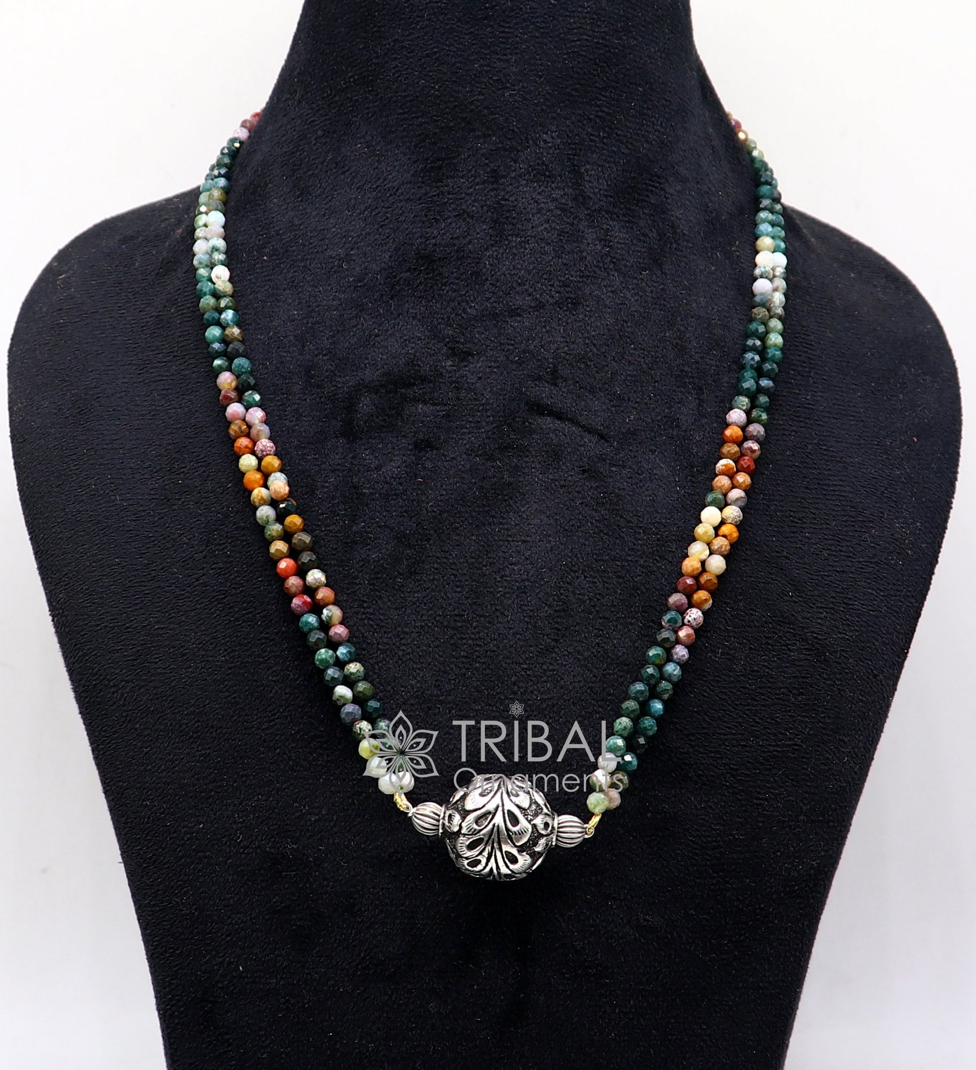 Trendy Indian traditional cultural natural stone beaded 925 sterling silver ball pendant necklace, choker tribal ethnic jewelry set610 - TRIBAL ORNAMENTS