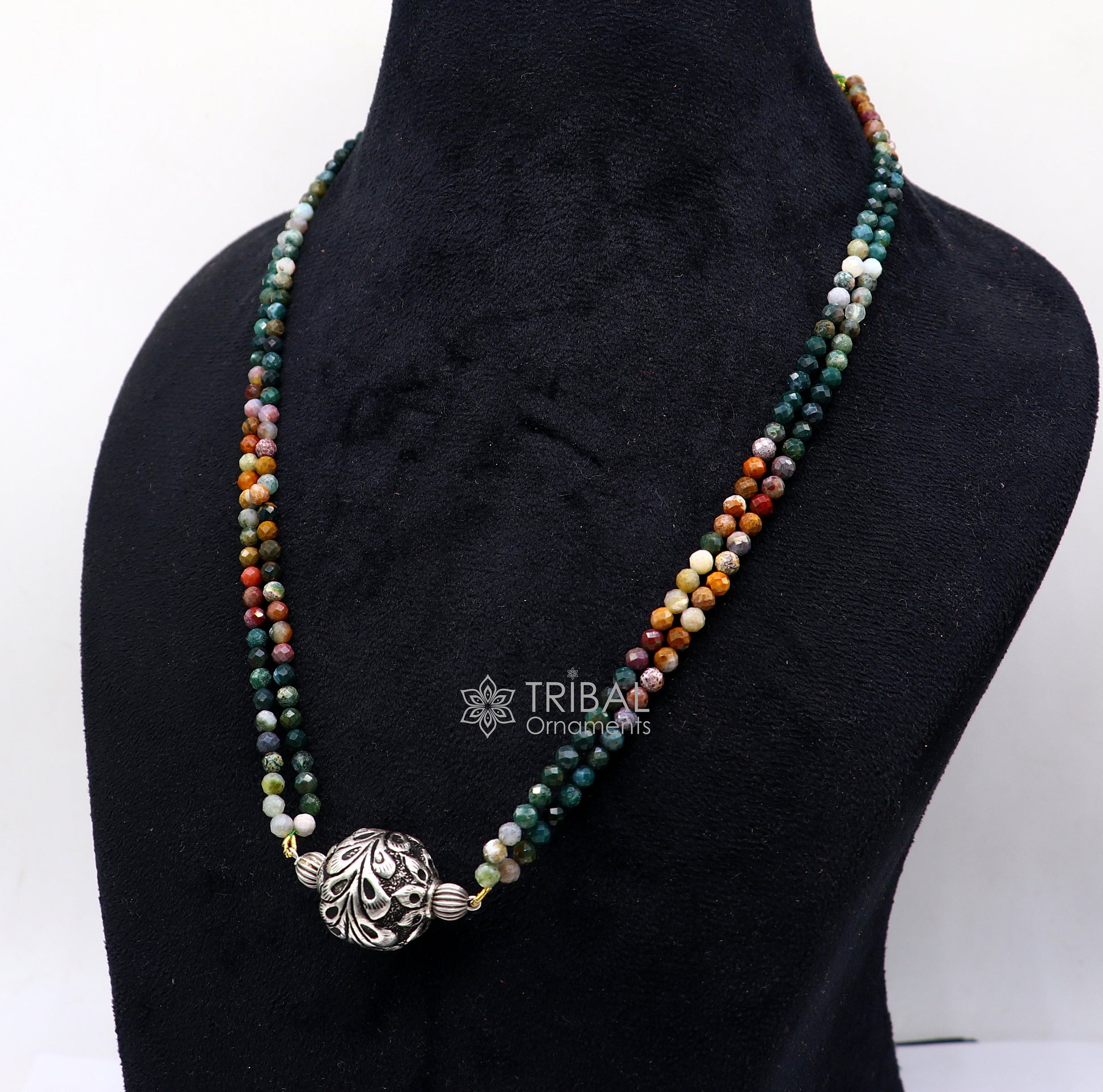 Trendy Indian traditional cultural natural stone beaded 925 sterling silver ball pendant necklace, choker tribal ethnic jewelry set610 - TRIBAL ORNAMENTS