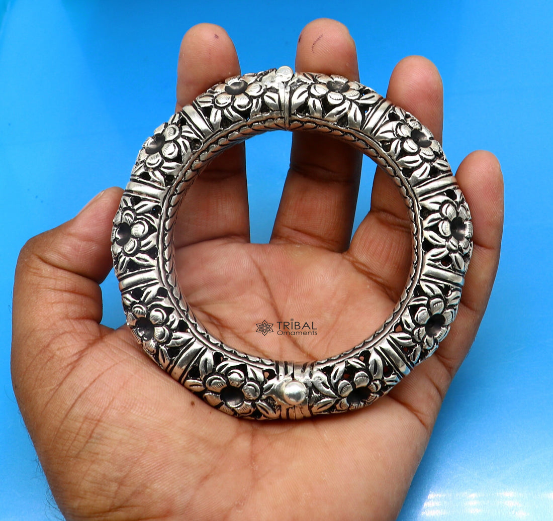 925 sterling silver handmade fabulous flower work vintage chitai work Cultural bangle bracelet kada excellent traditional jewelry nsk689 - TRIBAL ORNAMENTS