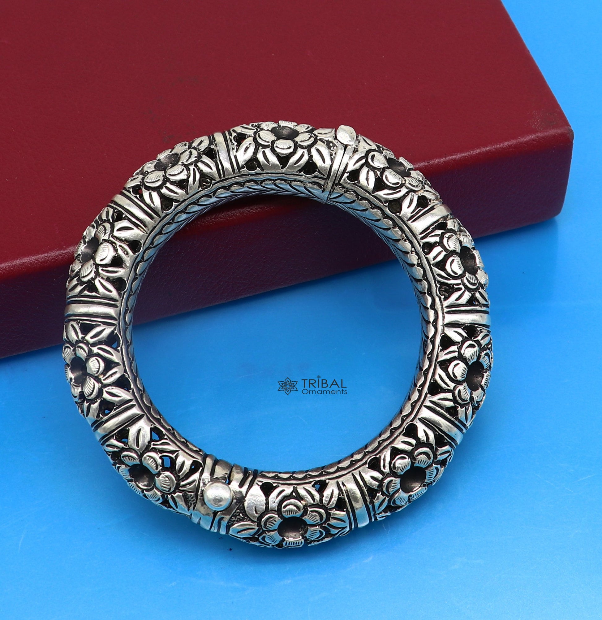 925 sterling silver handmade fabulous flower work vintage chitai work Cultural bangle bracelet kada excellent traditional jewelry nsk689 - TRIBAL ORNAMENTS