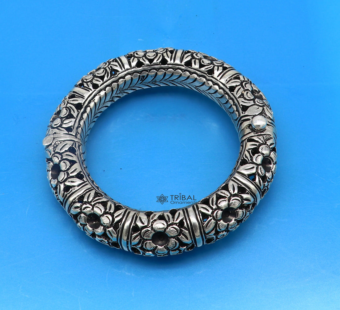 925 sterling silver handmade fabulous flower work vintage chitai work Cultural bangle bracelet kada excellent traditional jewelry nsk689 - TRIBAL ORNAMENTS