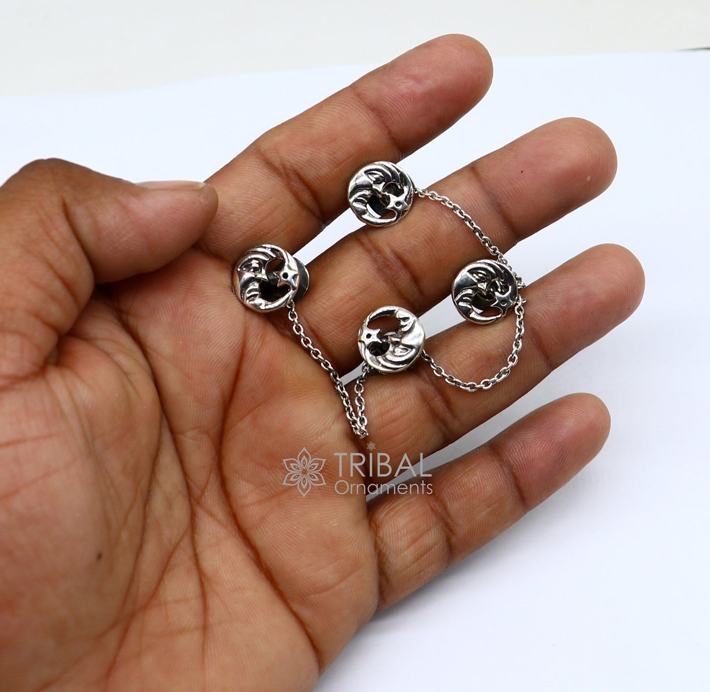 Moon and star design 925 Sterling Silver set of 4 kurta Buttons for Fashion Perfection, silver cufflinks, cultural trendy jewelry btn46 - TRIBAL ORNAMENTS