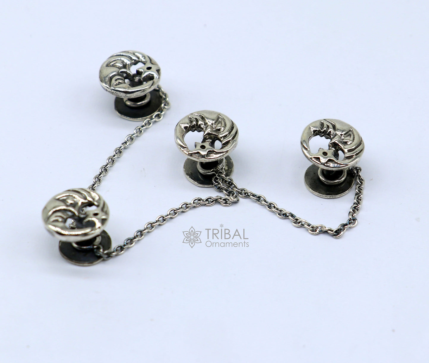 Moon and star design 925 Sterling Silver set of 4 kurta Buttons for Fashion Perfection, silver cufflinks, cultural trendy jewelry btn46 - TRIBAL ORNAMENTS