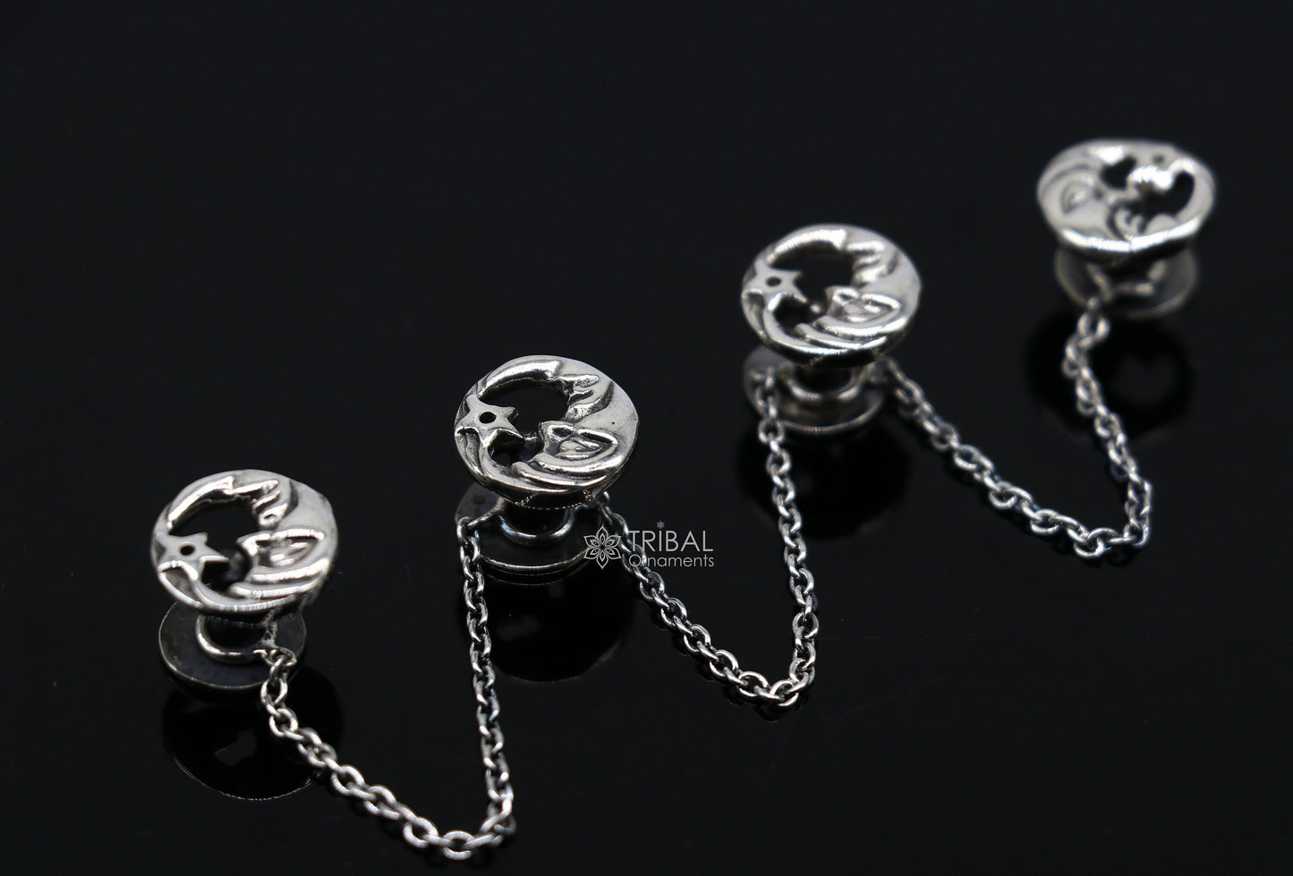 Moon and star design 925 Sterling Silver set of 4 kurta Buttons for Fashion Perfection, silver cufflinks, cultural trendy jewelry btn46 - TRIBAL ORNAMENTS